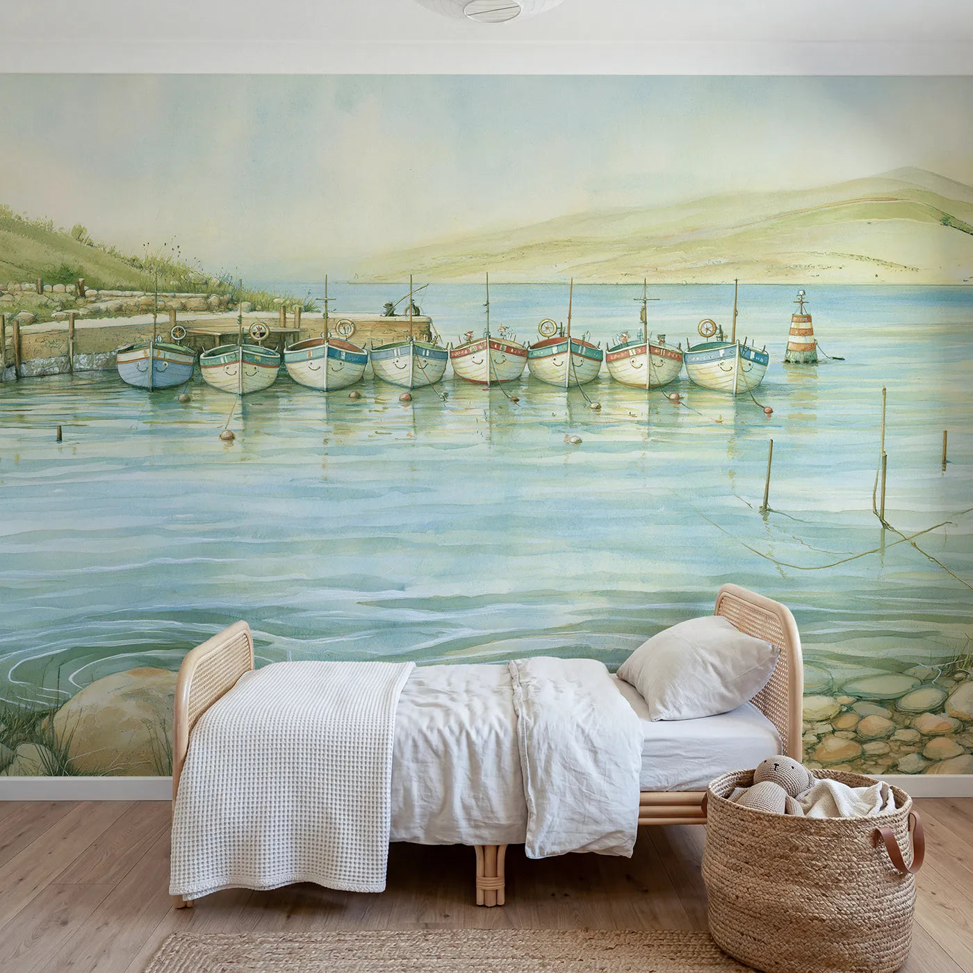 Storybook wall mural of happy harbor boats by Whimsy Tots