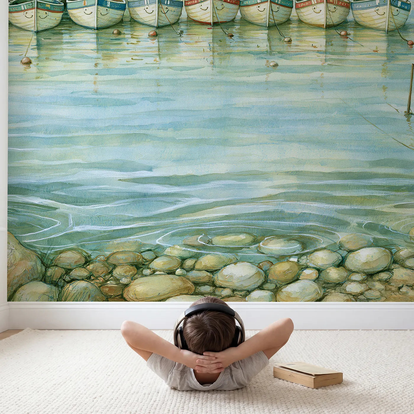 Child in nursery with Happy Harbor Boats Wallpaper Mural by Whimsy Tots