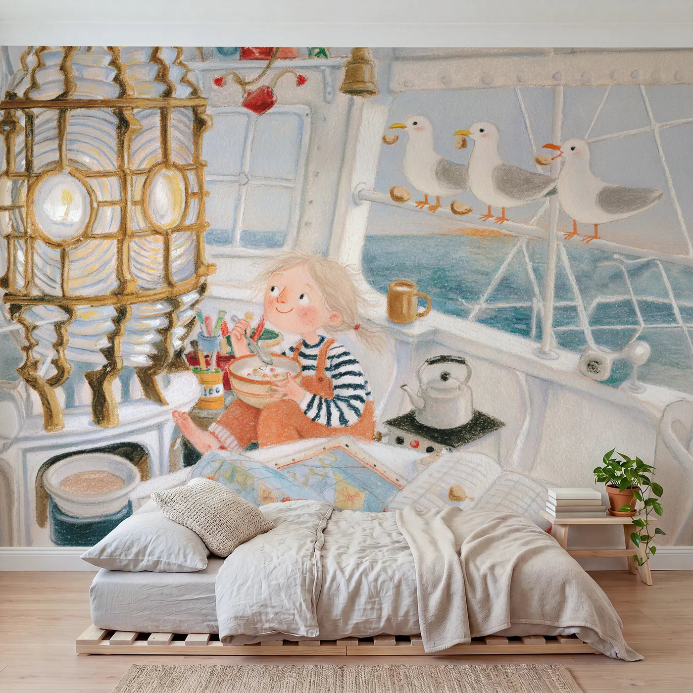 Colored Pencil lighthouse keeper at supper by the lens, mural for a toddler room by Whimsy Tots