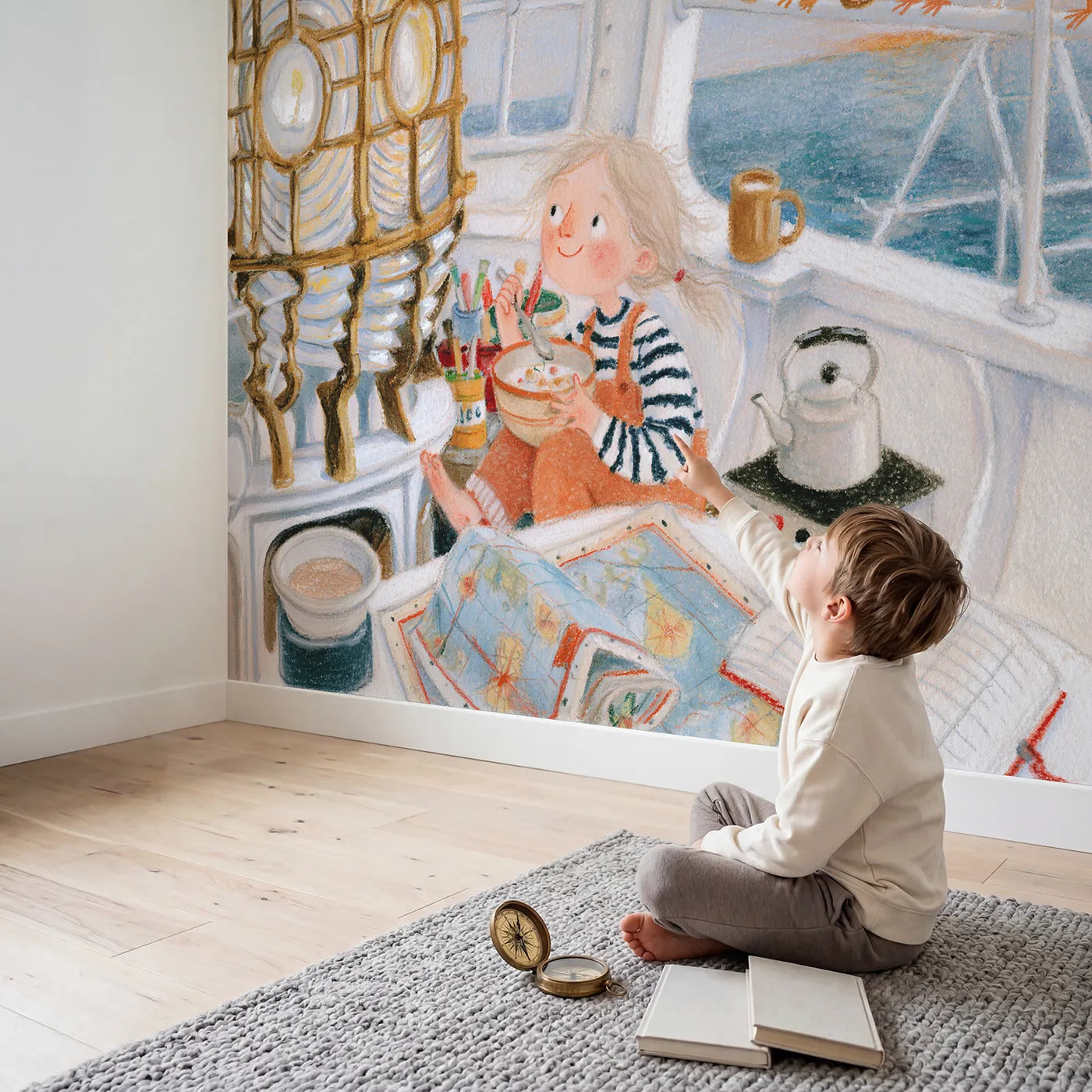 Child in nursery with Supper in the Lamp Room Wallpaper Mural by Whimsy Tots