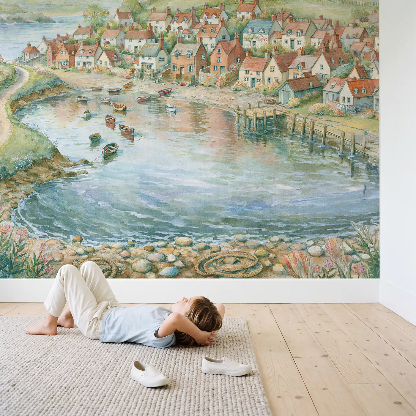 Child in nursery with Cozy Coastal Village Wallpaper Mural by Whimsy Tots