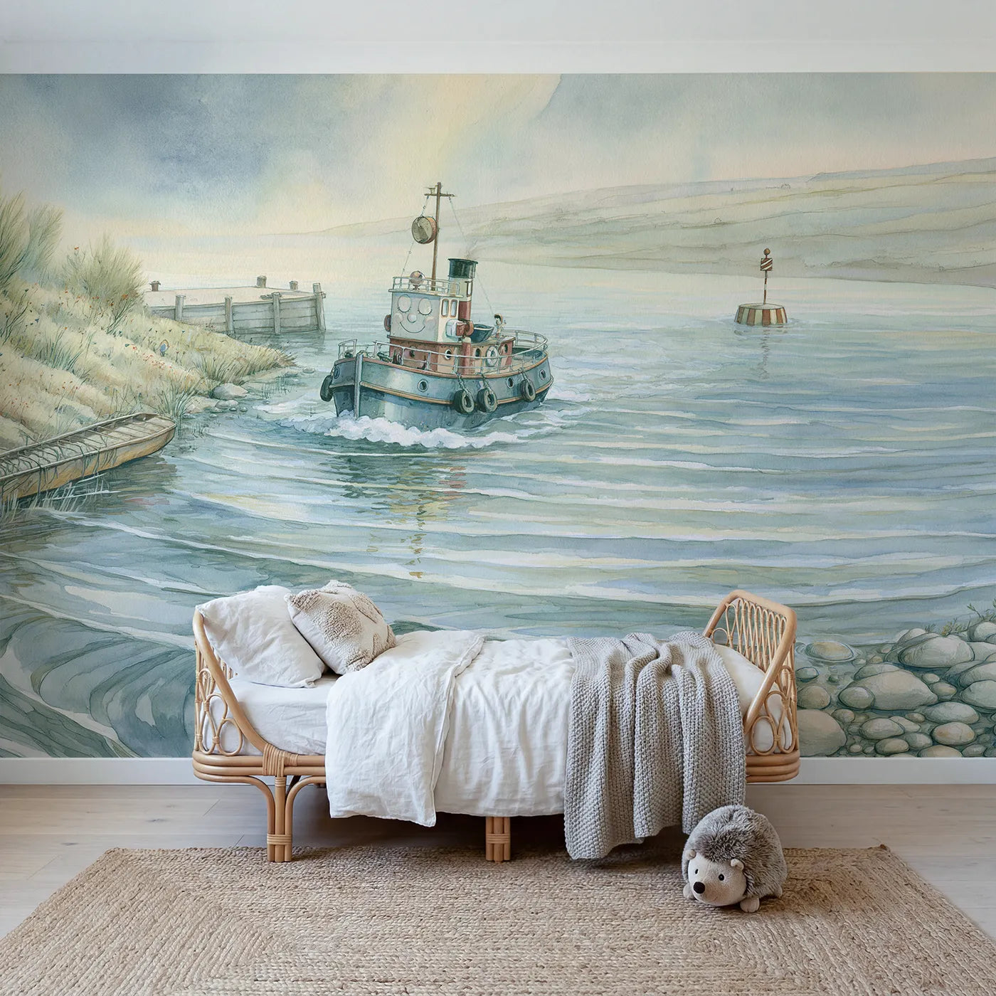 Storybook wall mural of a friendly little tugboat by Whimsy Tots