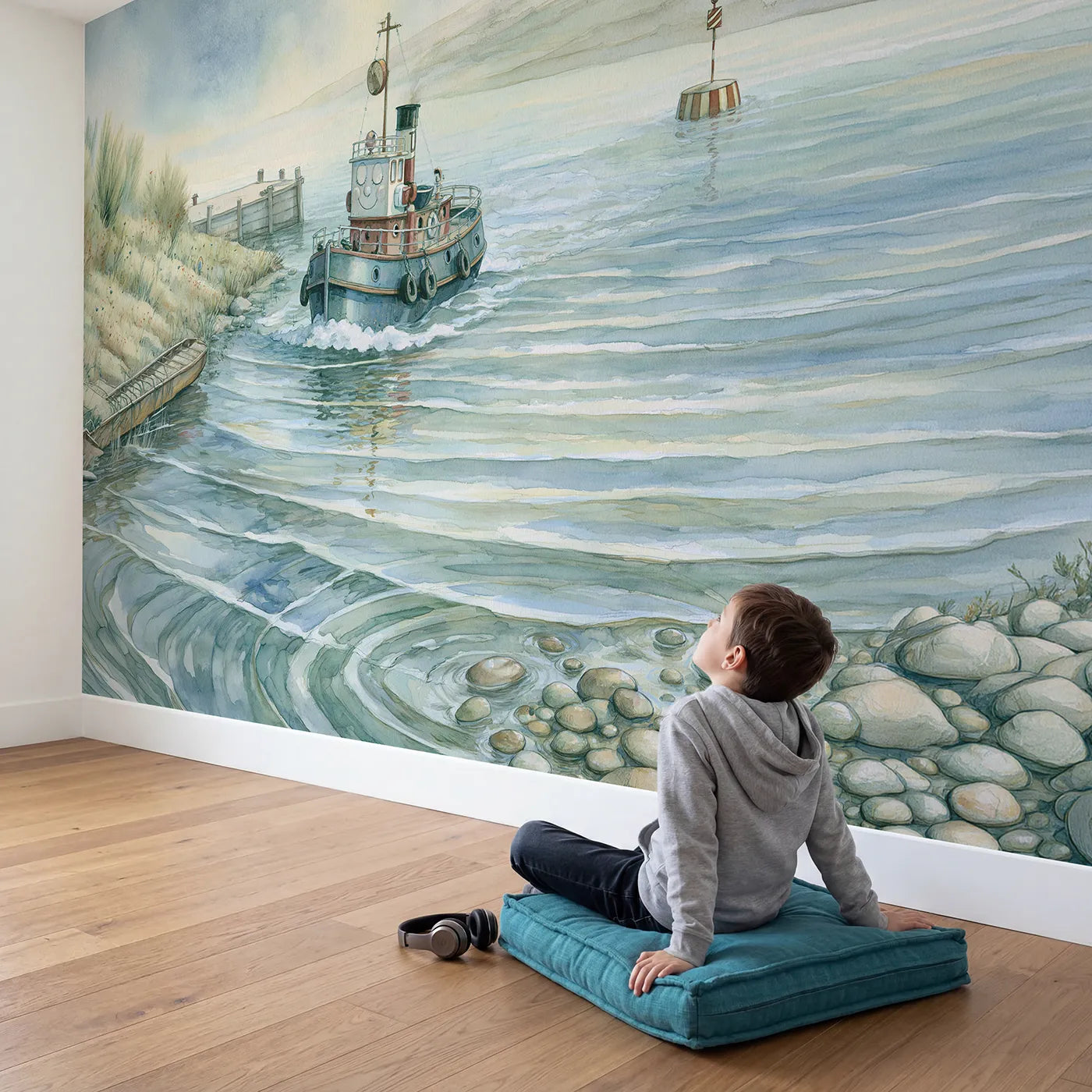 Child in nursery with Little Tugboat Day Wallpaper Mural by Whimsy Tots