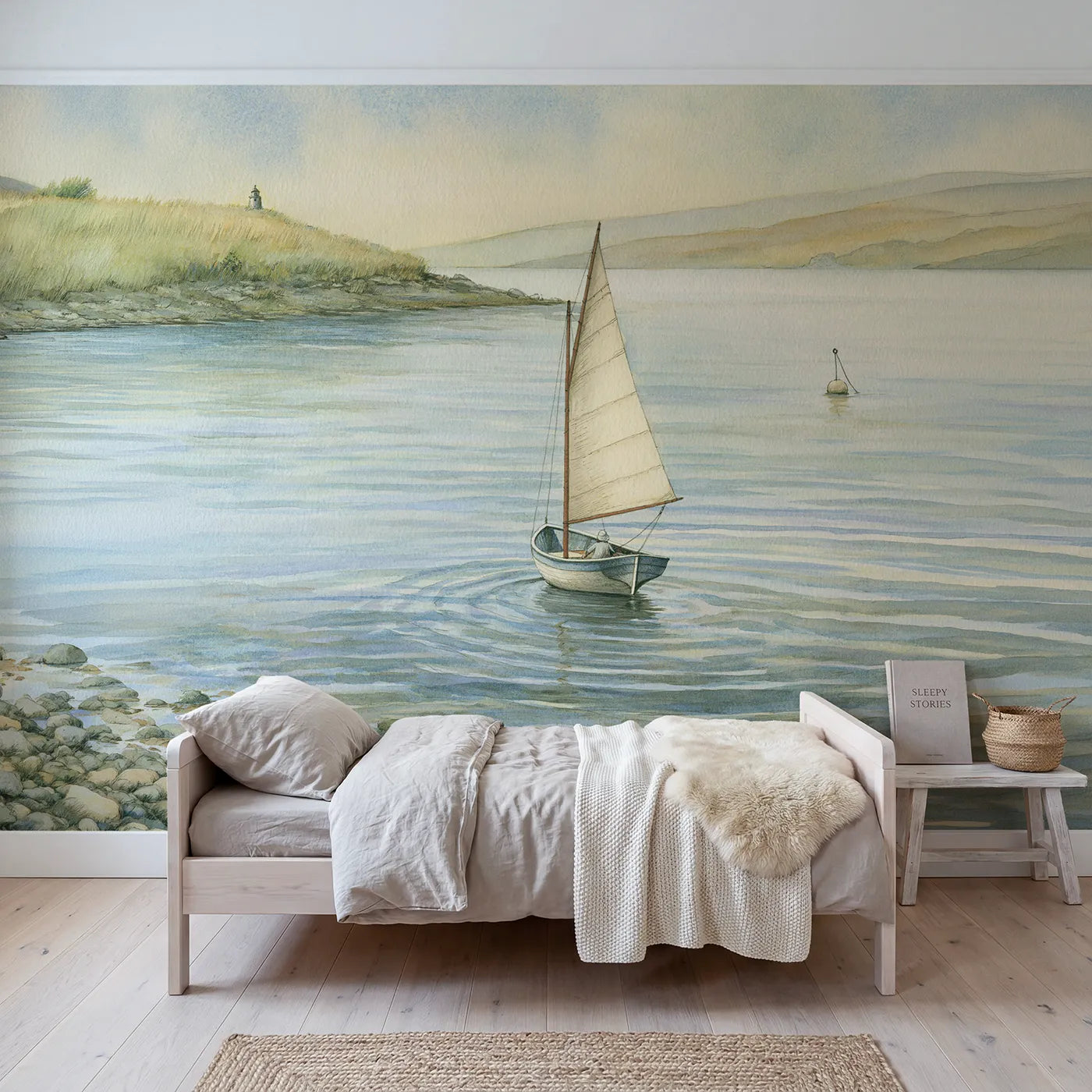 Storybook wall mural of a calm sailboat adventure by Whimsy Tots