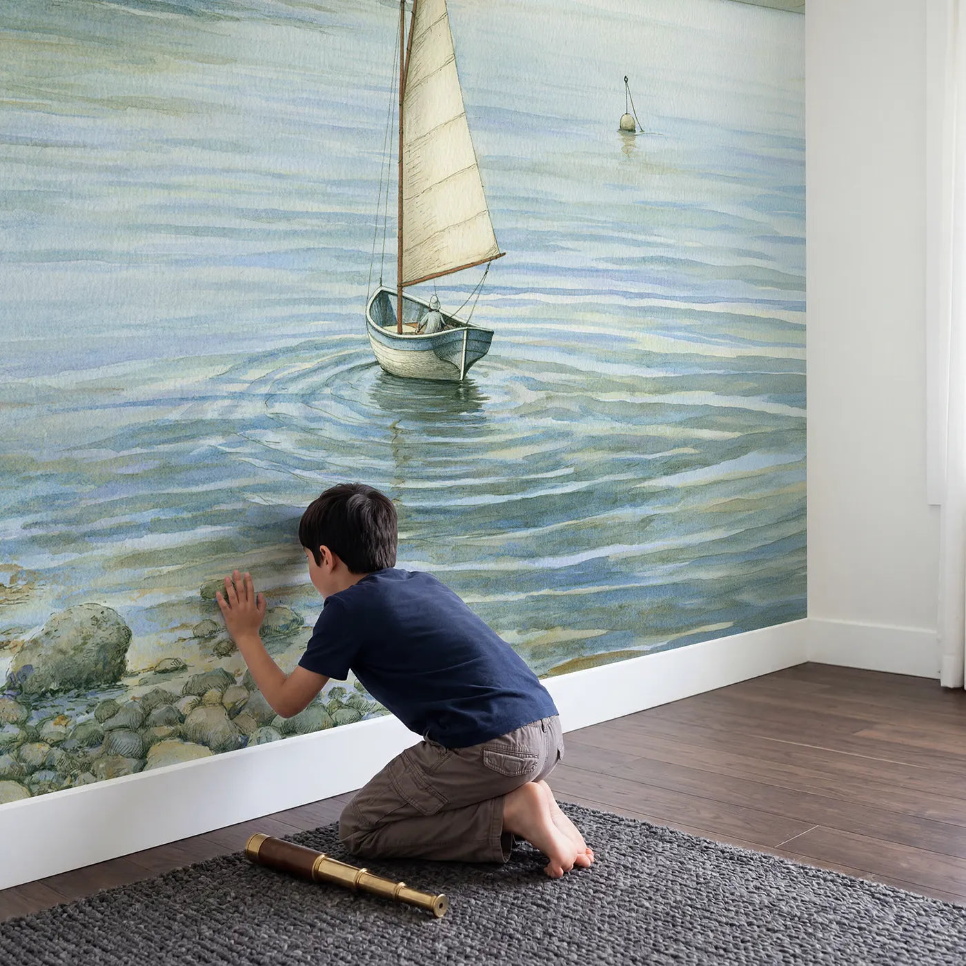 Child in nursery with Sailboat Adventure Calm Wallpaper Mural by Whimsy Tots