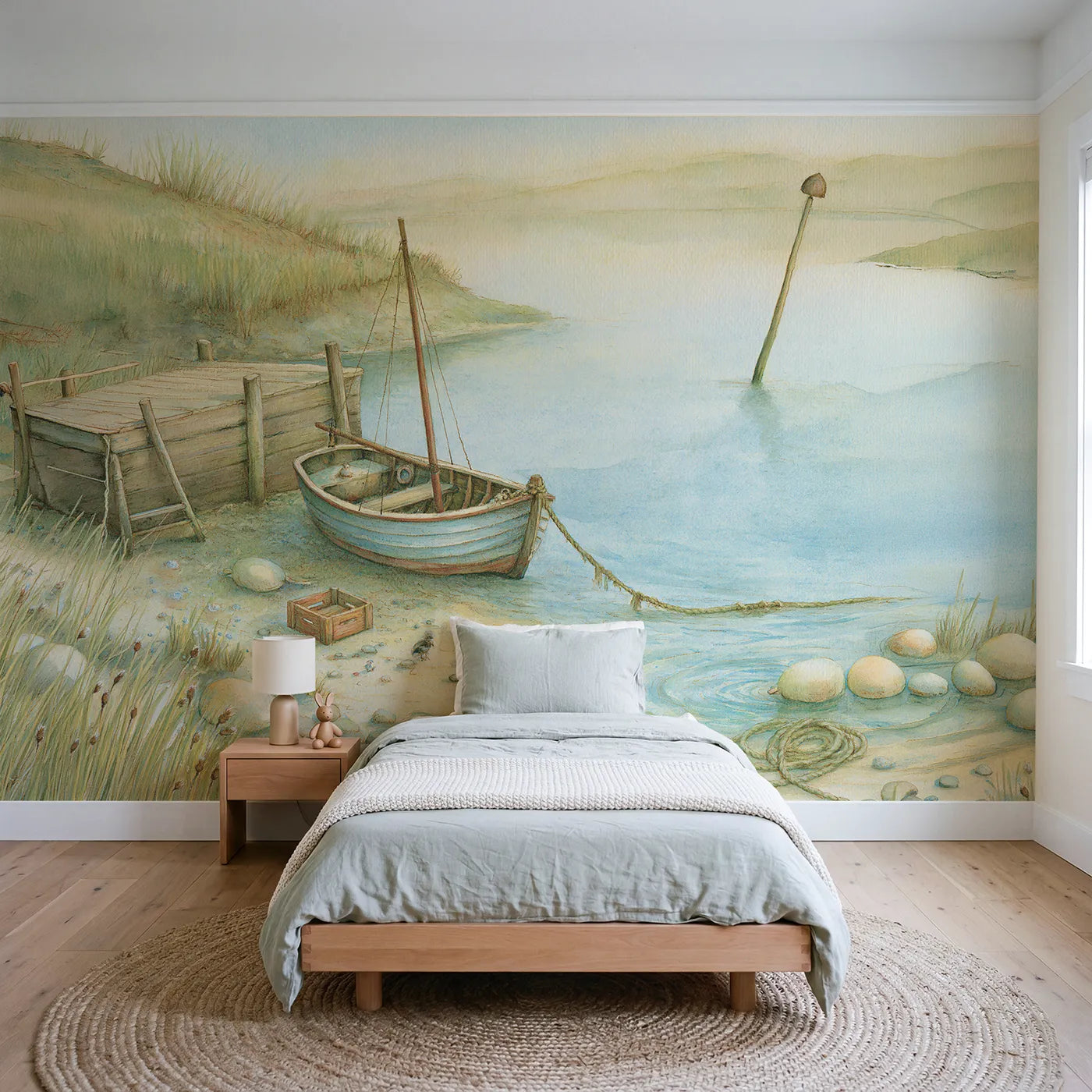 Storybook wall mural of a little harbor boat by Whimsy Tots