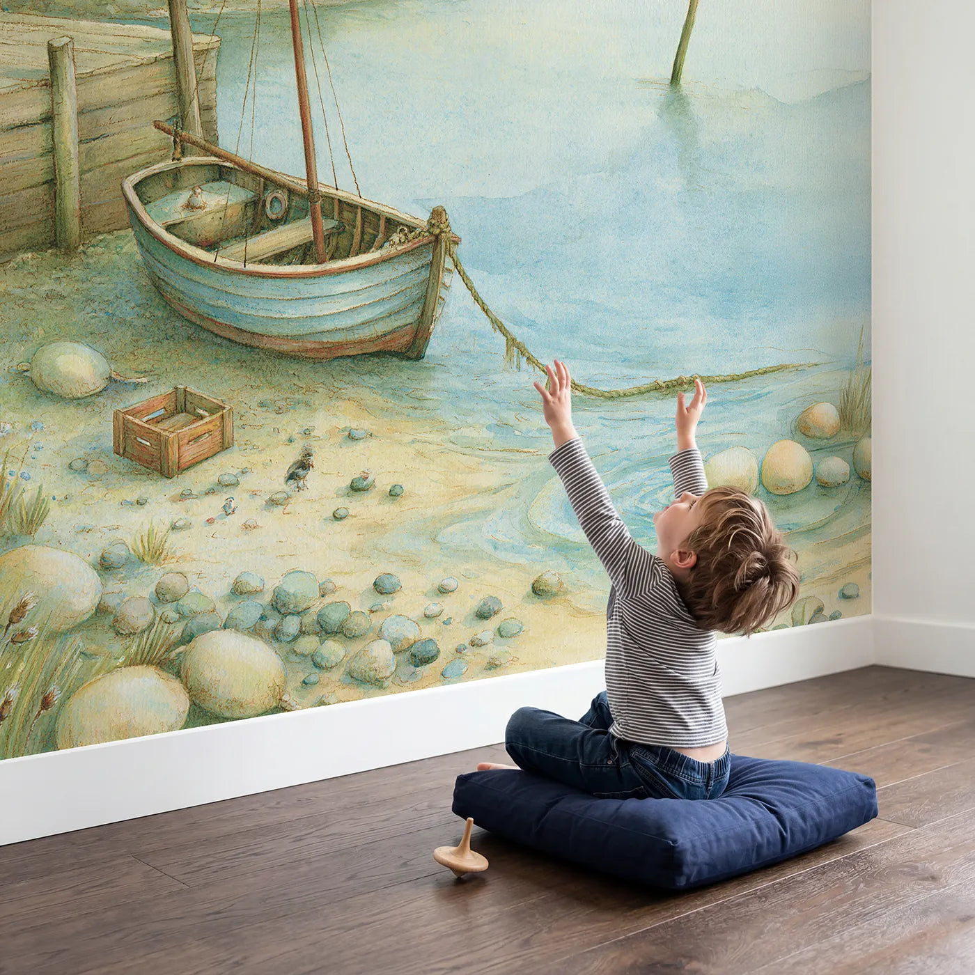 Child in nursery with Little Harbor Boat Wallpaper Mural by Whimsy Tots