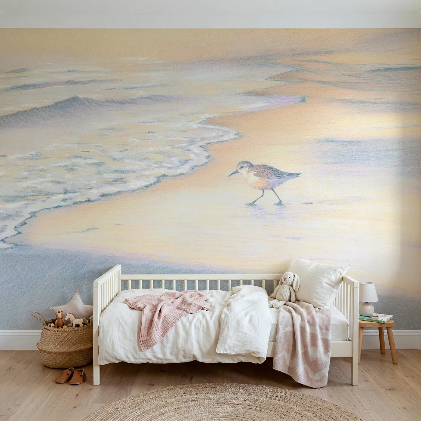Watercolor wall mural of a little shorebird by Whimsy Tots