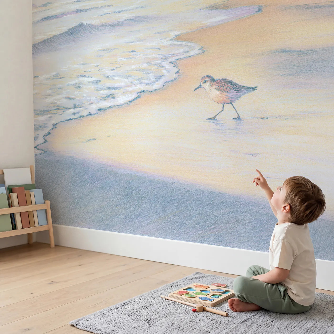 Child in nursery with Little Shorebird Wallpaper Mural by Whimsy Tots