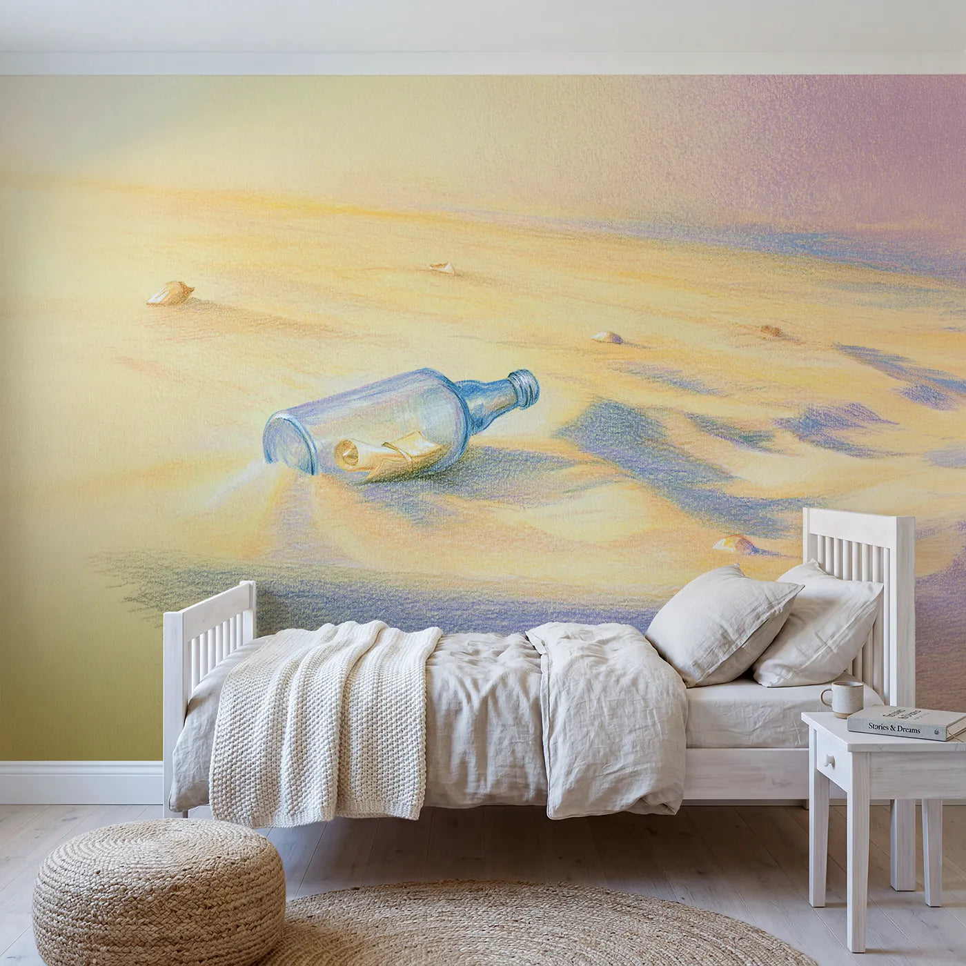 Watercolor wall mural of a message in a bottle by Whimsy Tots