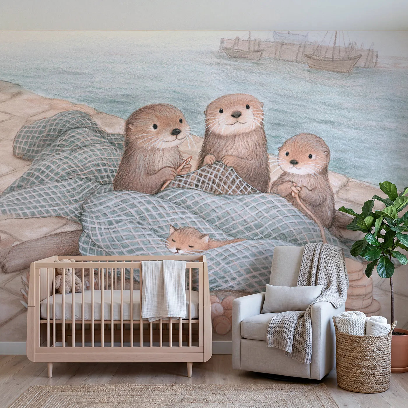 Colored Pencil otters mending fishing nets on a quay, mural for a shared kids room by Whimsy Tots
