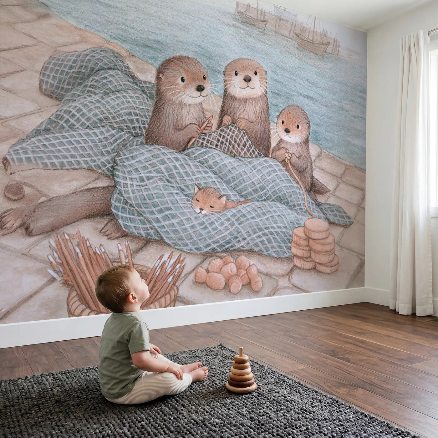 Child in nursery with Mending the Nets Wallpaper Mural by Whimsy Tots
