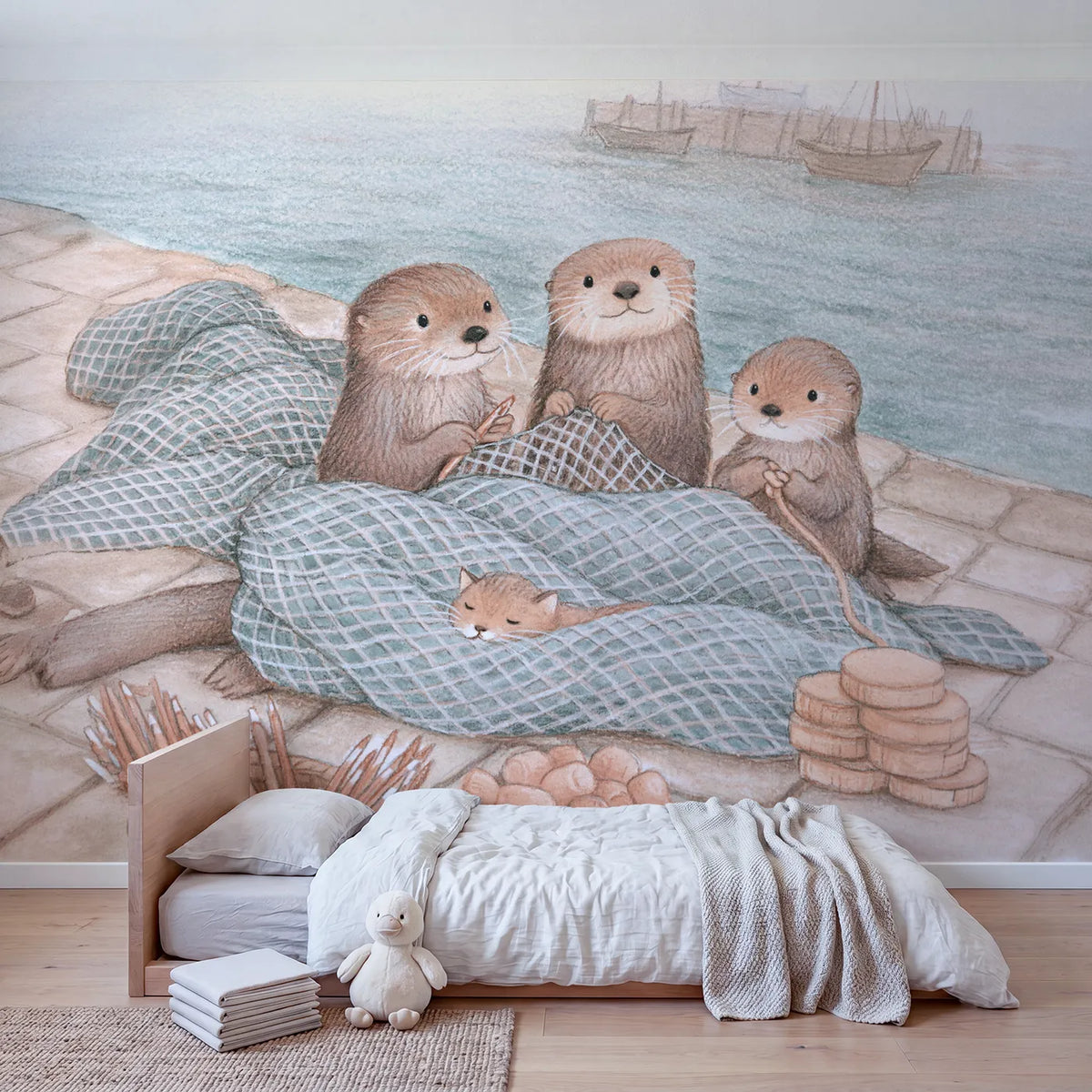 Mending the Nets Wallpaper Mural in playroom setting by Whimsy Tots
