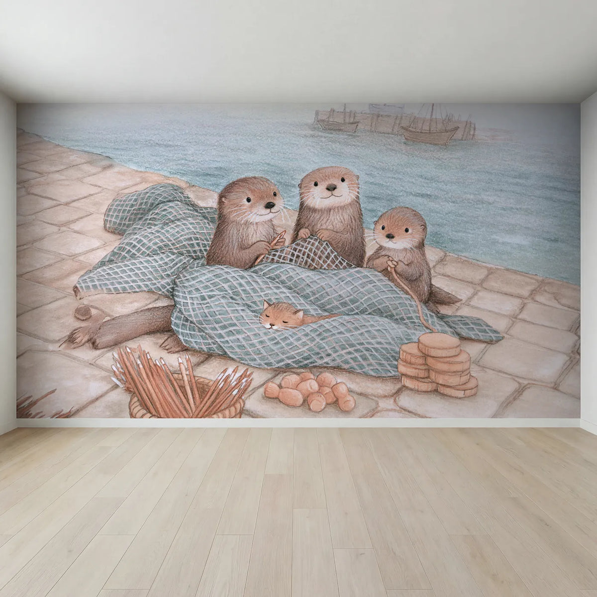 Full view of Mending the Nets Wallpaper Mural by Whimsy Tots