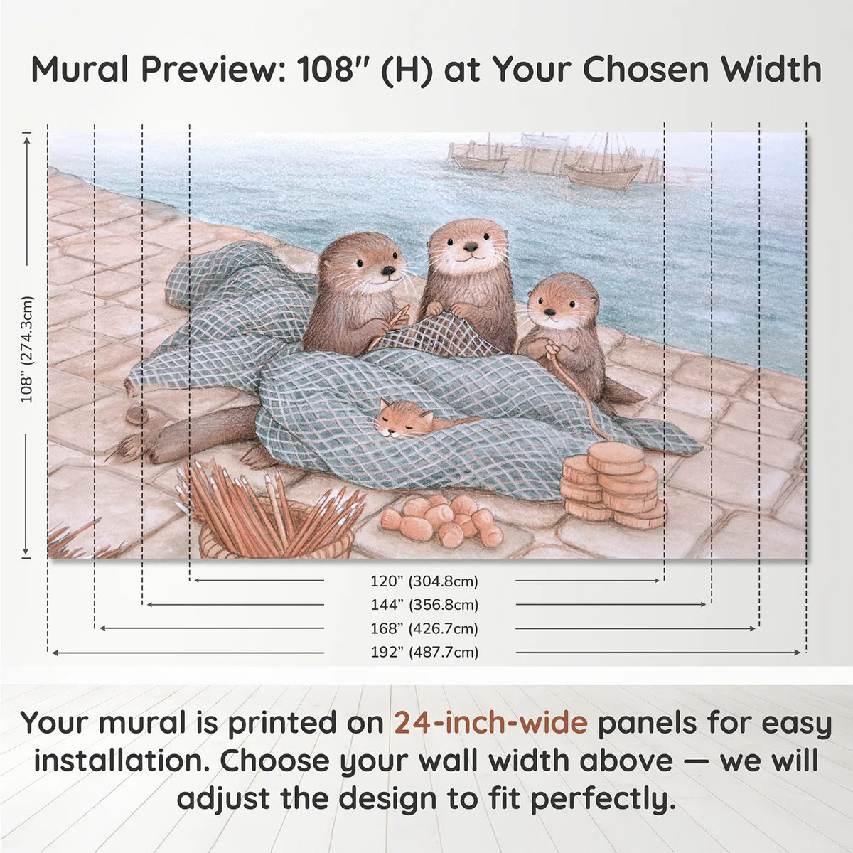 Panel layout and dimensions for Mending the Nets Wallpaper Mural by Whimsy Tots
