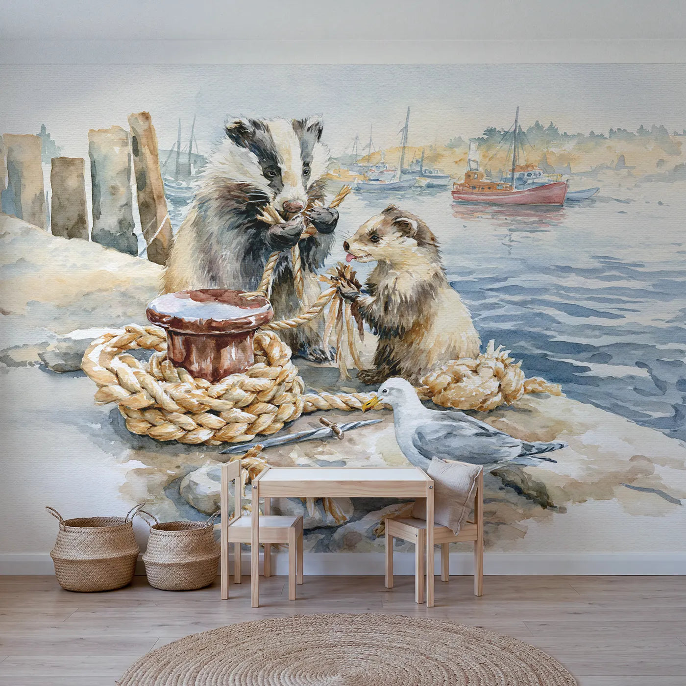 Watercolor badger teaching a young one to splice rope, mural for a shared kids room by Whimsy Tots