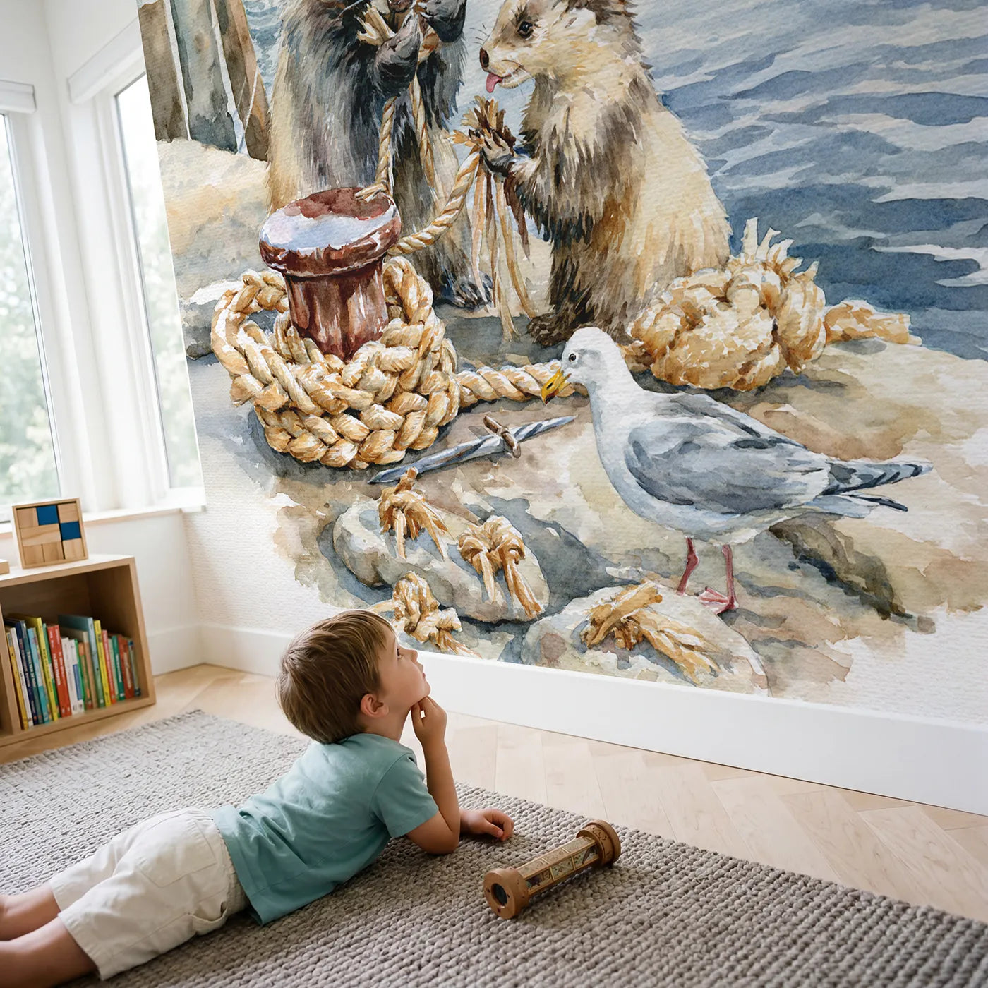 Child in nursery with The Rope Splicing Lesson Wallpaper Mural by Whimsy Tots