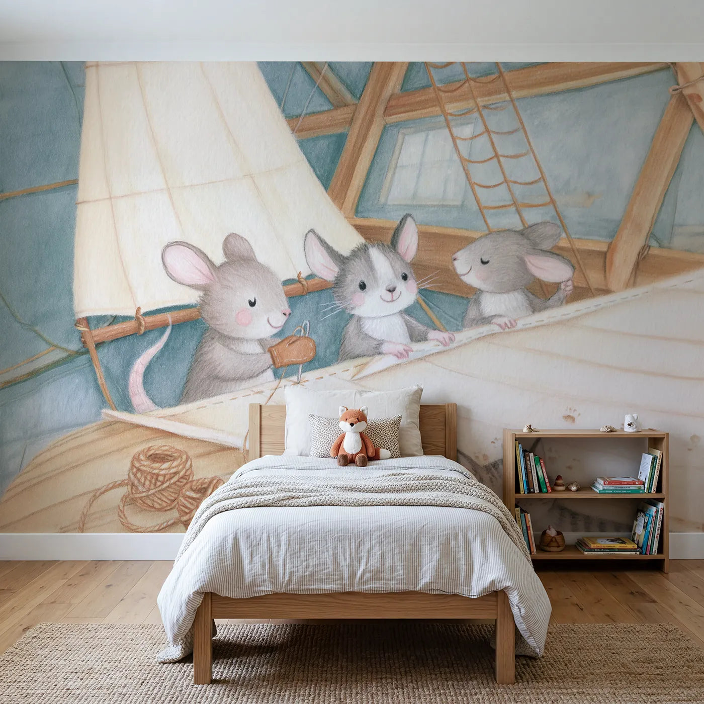 Colored Pencil sailmakers stitching a huge pale sail, mural for a bedroom by Whimsy Tots