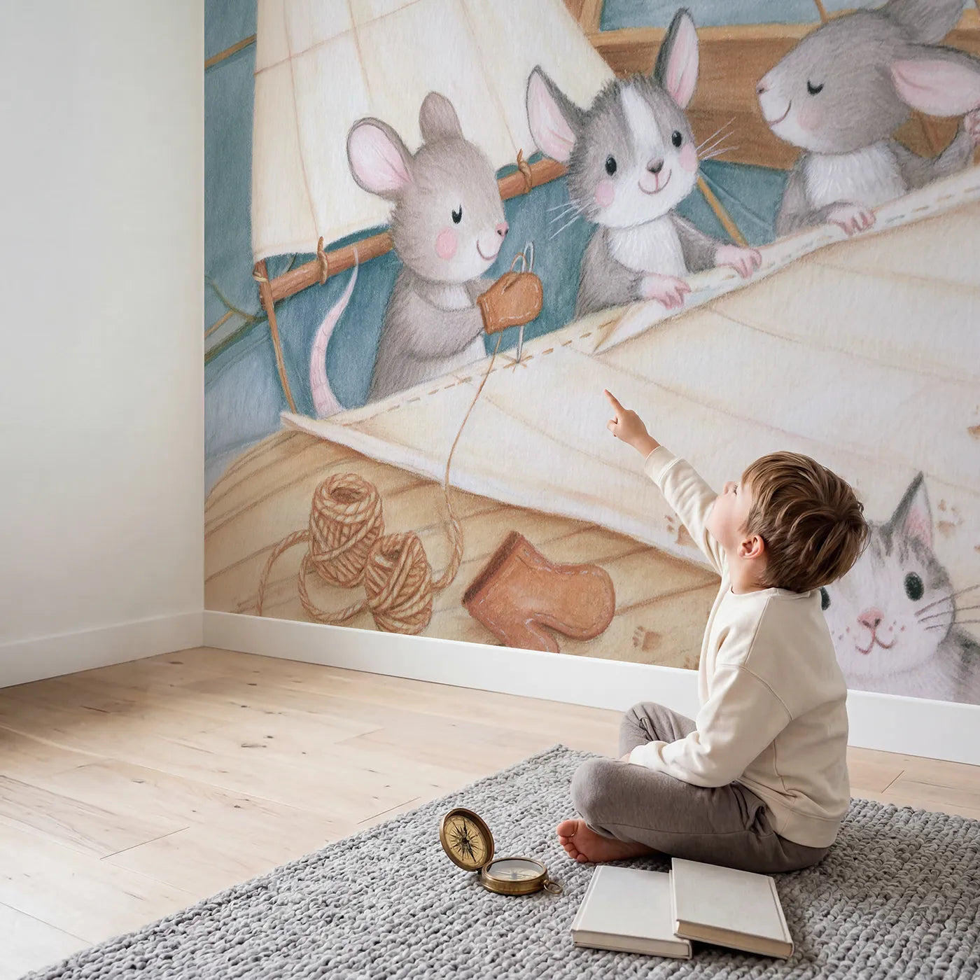 Child in nursery with The Sail Loft Wallpaper Mural by Whimsy Tots