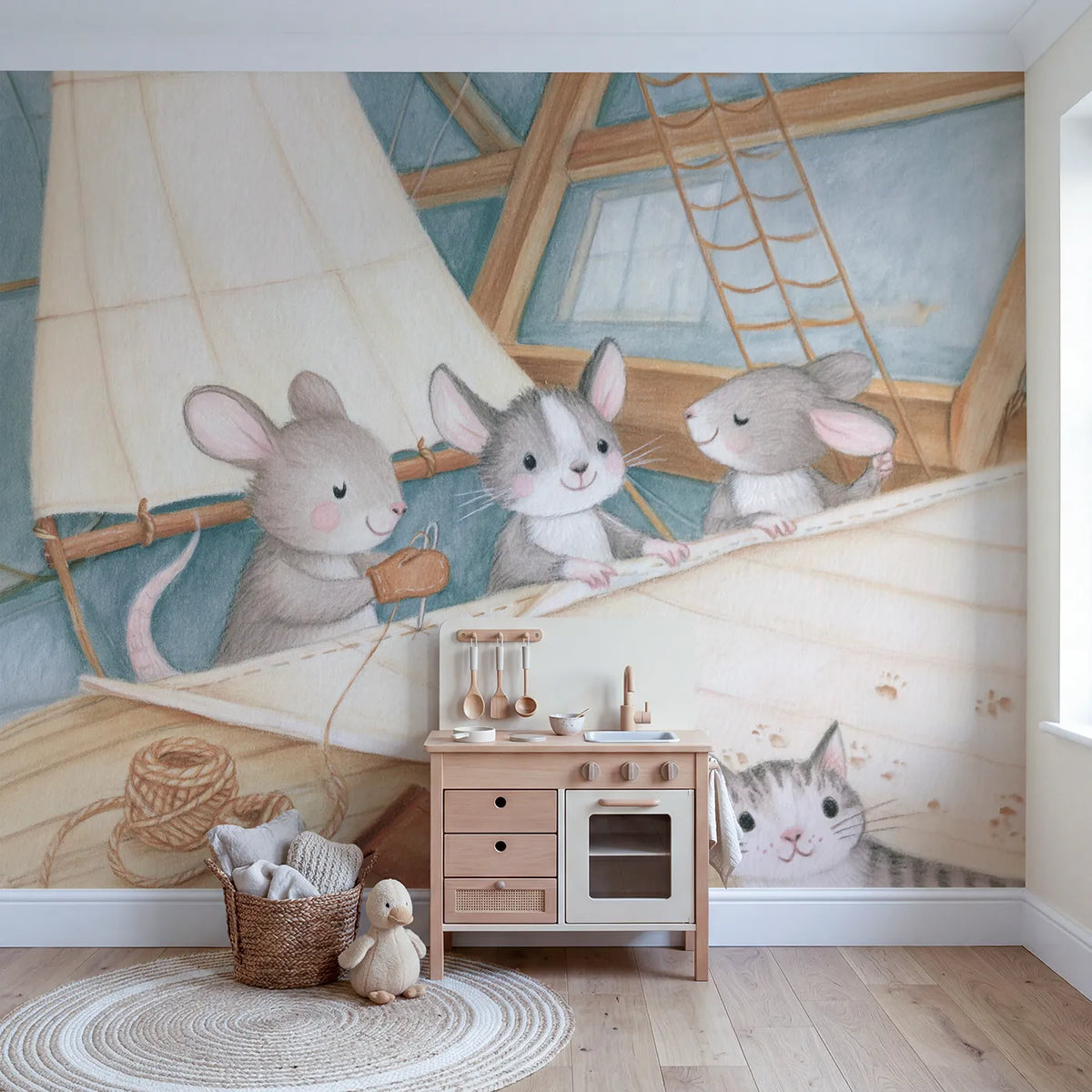 The Sail Loft Wallpaper Mural in playroom setting by Whimsy Tots