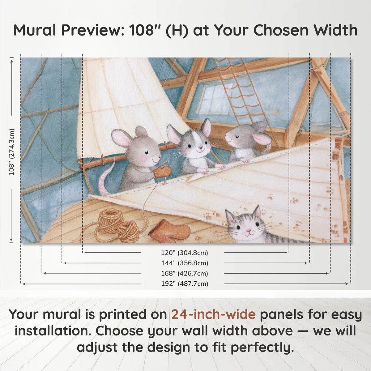 Panel layout and dimensions for The Sail Loft Wallpaper Mural by Whimsy Tots