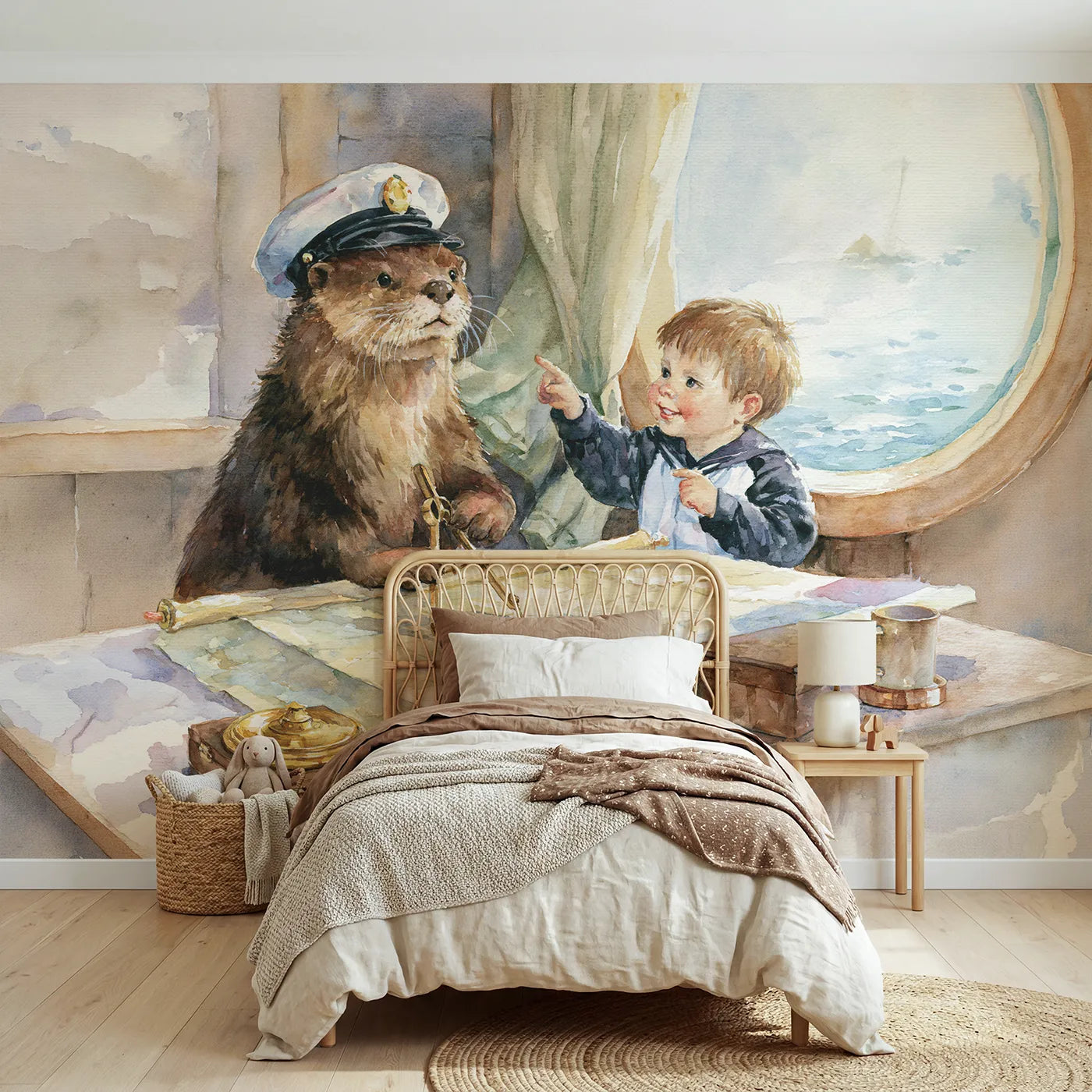 Watercolor captain plotting a course at the chart table, mural for a shared kids room by Whimsy Tots