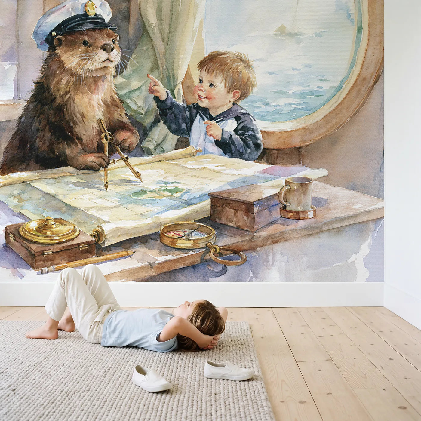 Child in nursery with The Chart Table Wallpaper Mural by Whimsy Tots