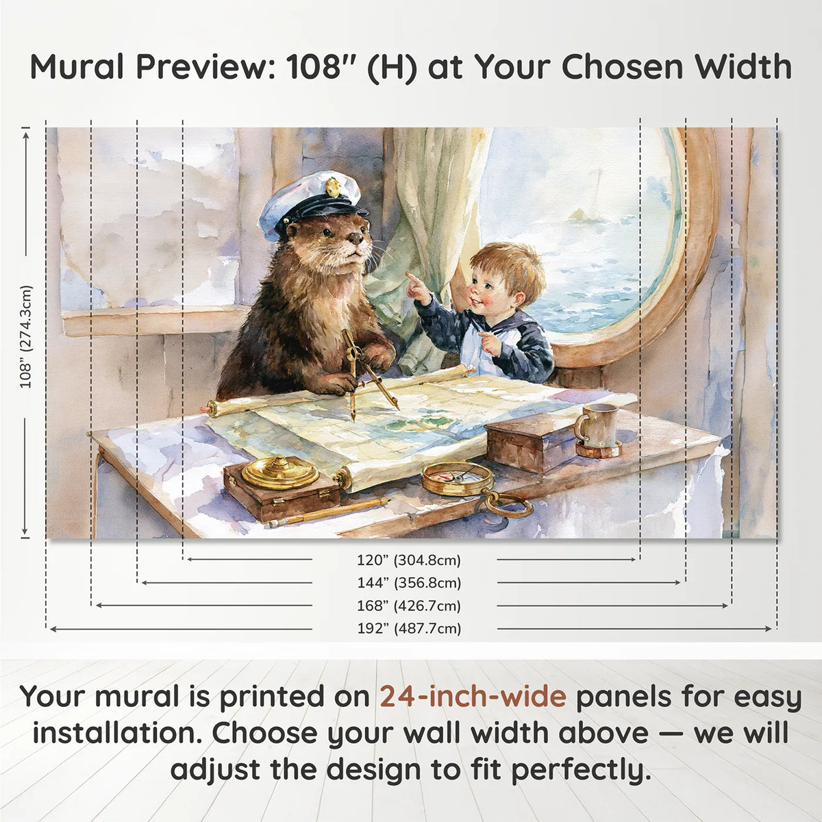 Panel layout and dimensions for The Chart Table Wallpaper Mural by Whimsy Tots