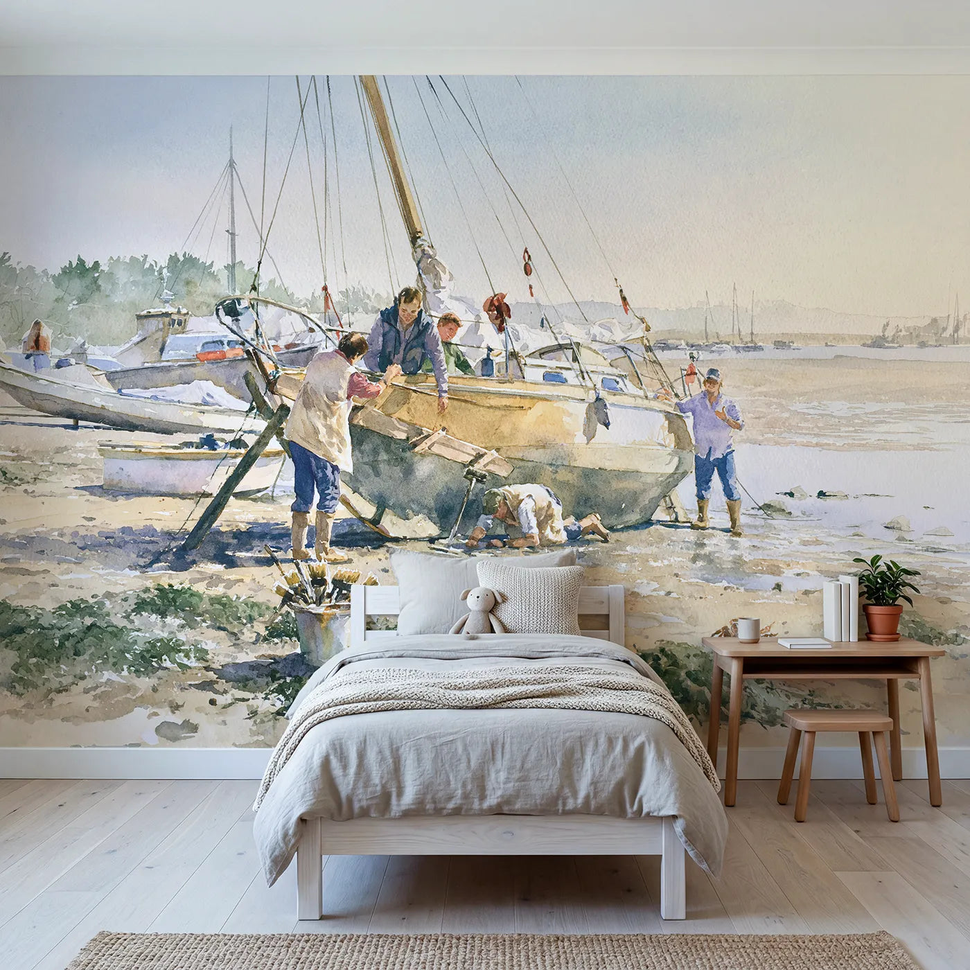 Watercolor crew scraping a leaning hull at low tide, mural for a playroom by Whimsy Tots