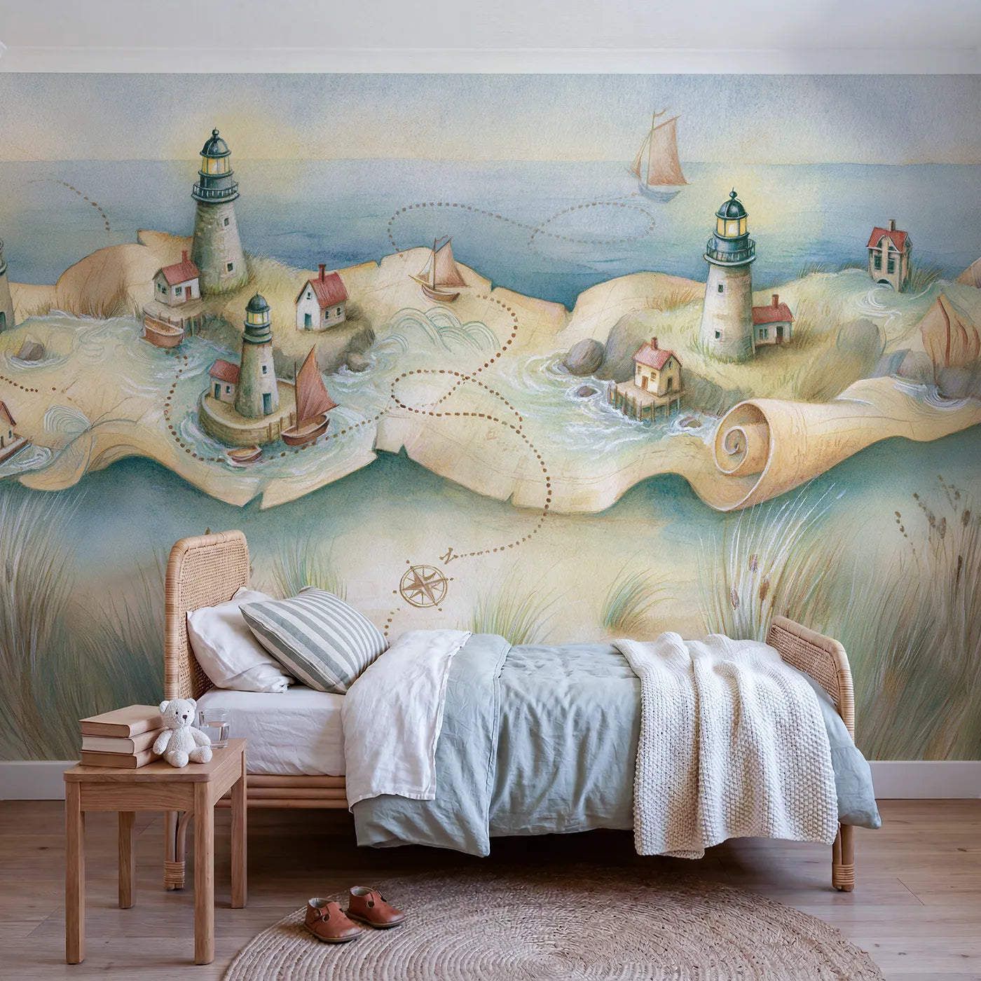 Watercolor wall mural of a sea voyage map by Whimsy Tots