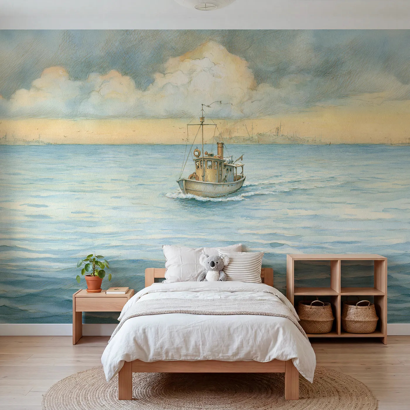 Watercolor wall mural of a friendly ferry boat by Whimsy Tots