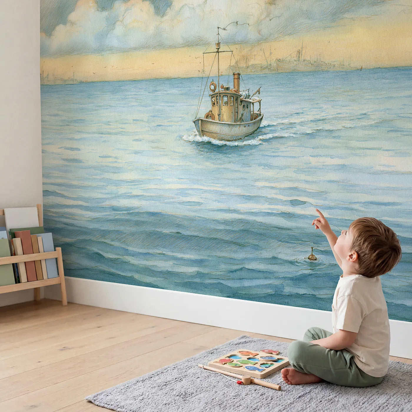 Child in nursery with Friendly Ferry Boat Wallpaper Mural by Whimsy Tots