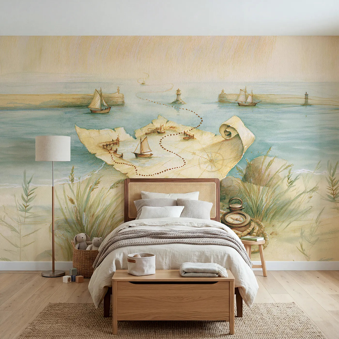 Watercolor wall mural of a harbor adventure map by Whimsy Tots