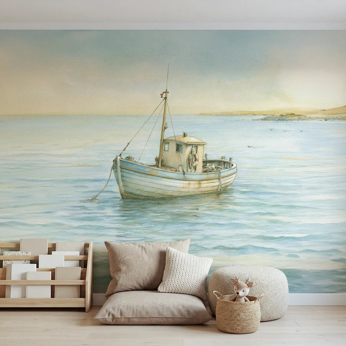 Watercolor wall mural of a little fishing boat by Whimsy Tots