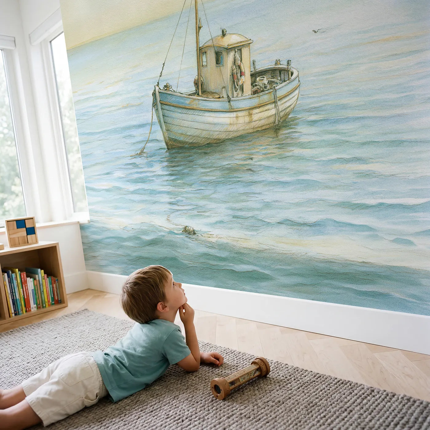 Child in nursery with Little Fishing Boat Wallpaper Mural by Whimsy Tots
