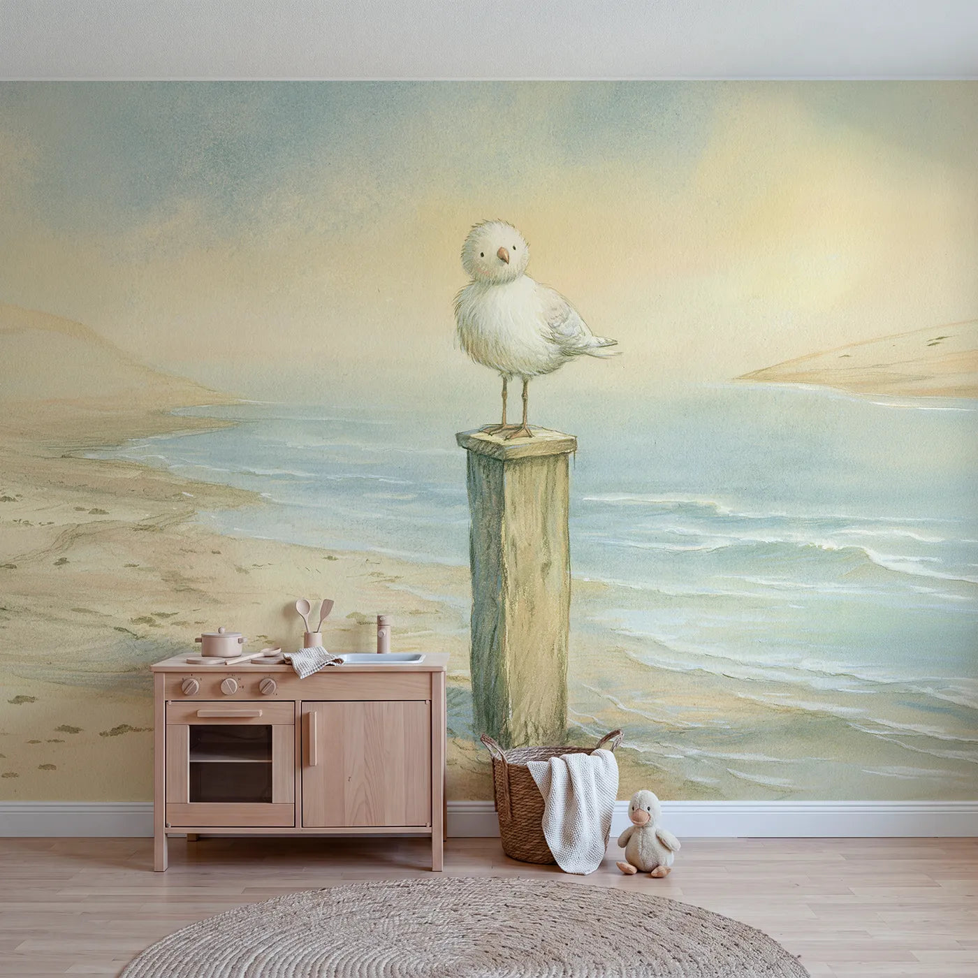 Watercolor wall mural of a friendly seagull by Whimsy Tots