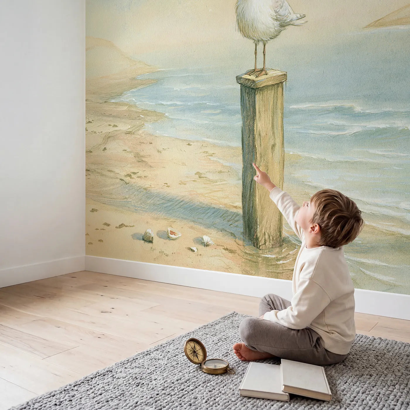 Child in nursery with Friendly Seagull Wallpaper Mural by Whimsy Tots
