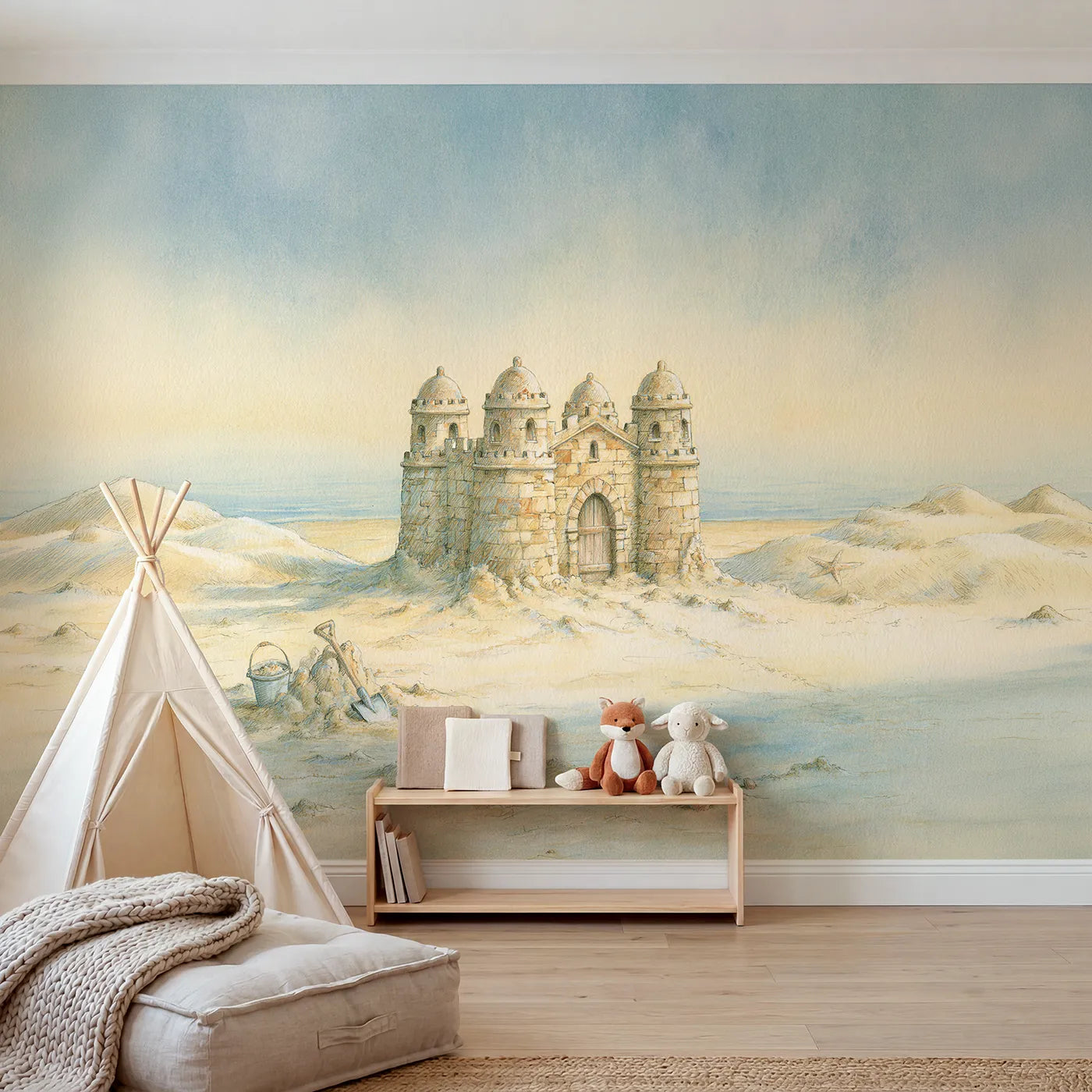 Watercolor wall mural of a little sandcastle by Whimsy Tots