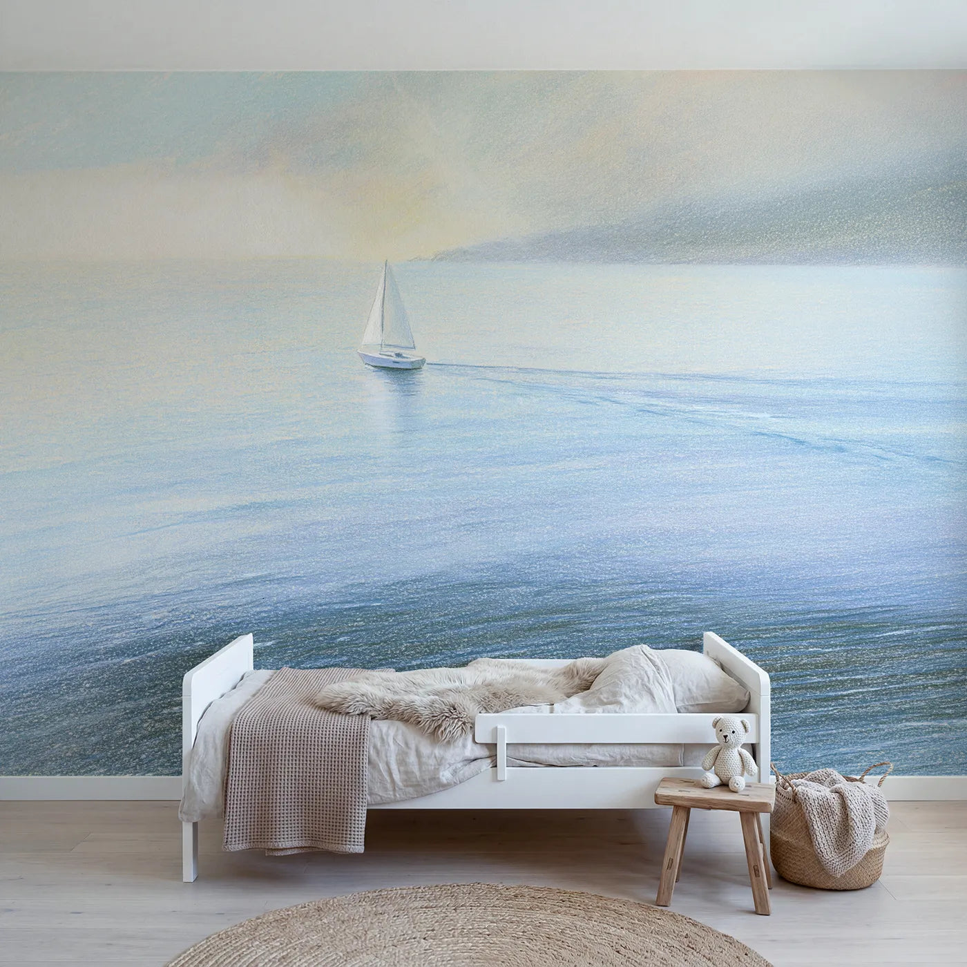 Colored-pencil wall mural of a little white sailboat by Whimsy Tots