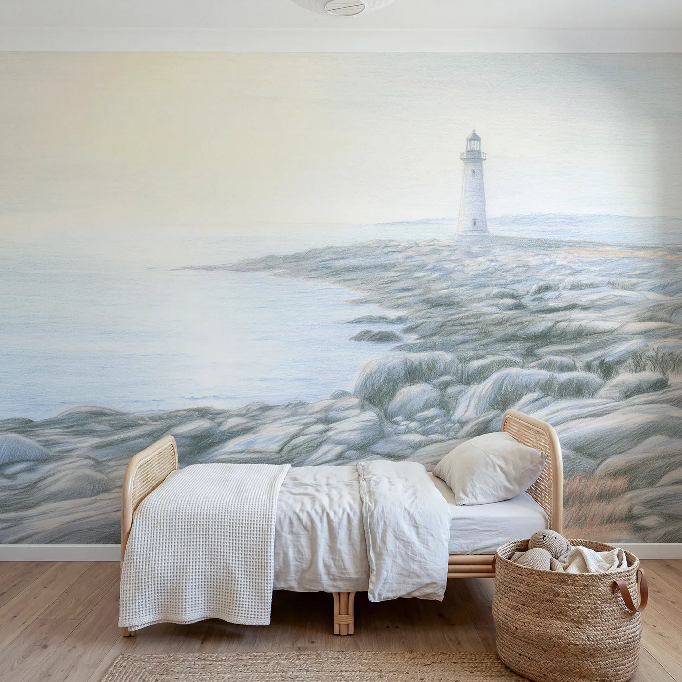 Colored-pencil wall mural of a gentle coastal lighthouse by Whimsy Tots