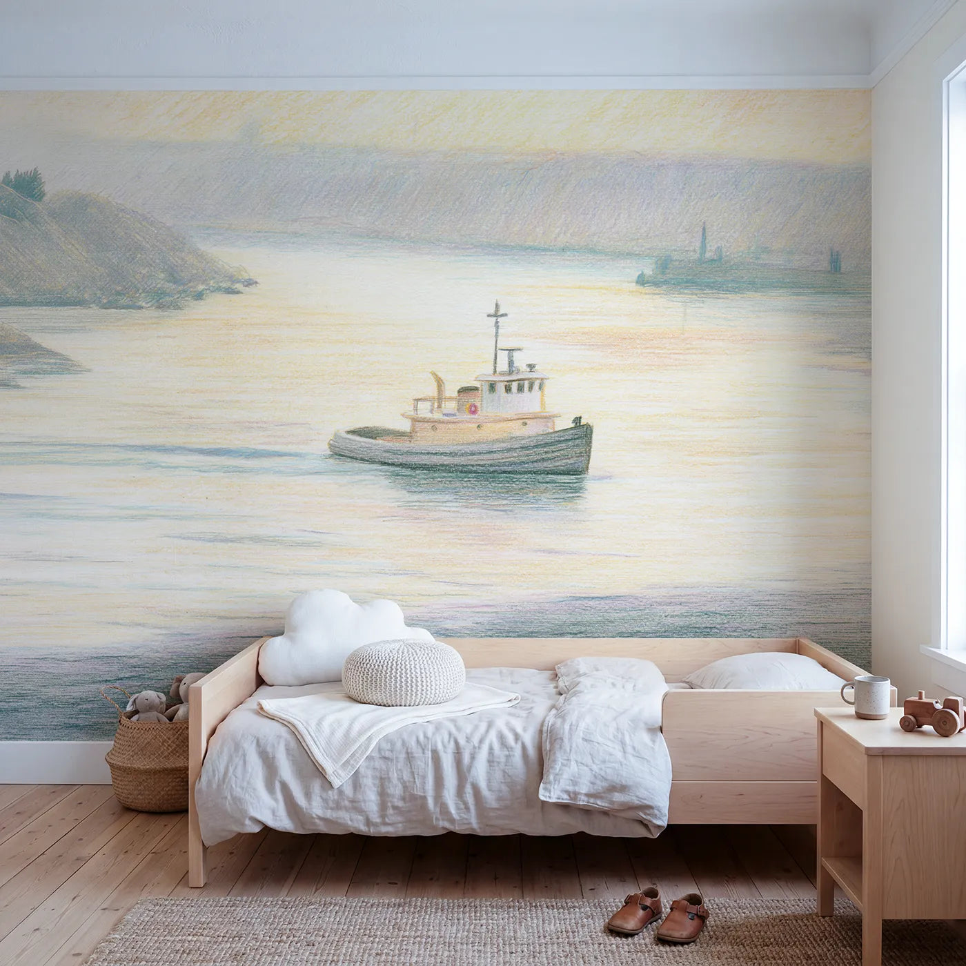 Colored-pencil wall mural of a little harbor tugboat by Whimsy Tots