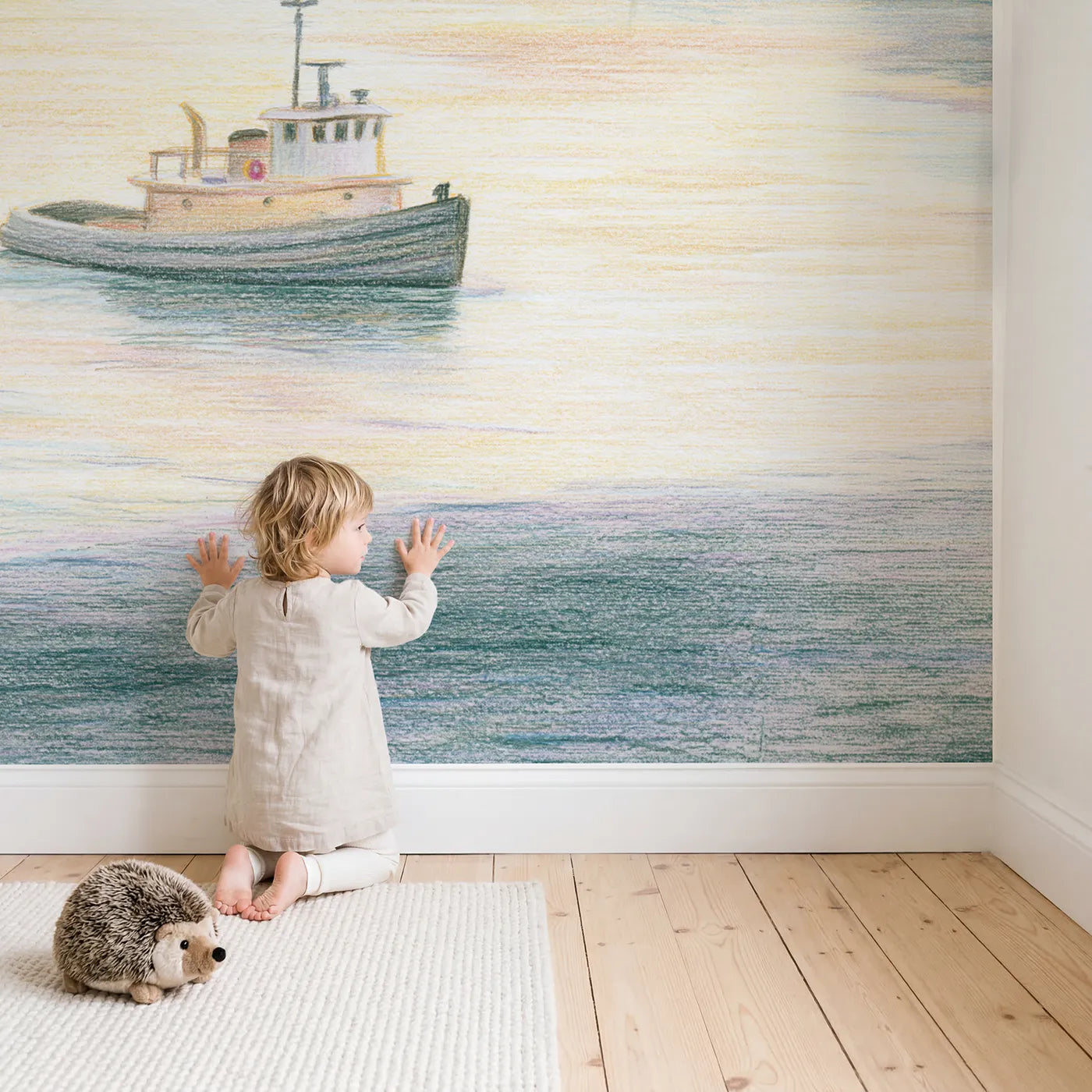 Child in nursery with Little Tugboat Harbor Wallpaper Mural by Whimsy Tots