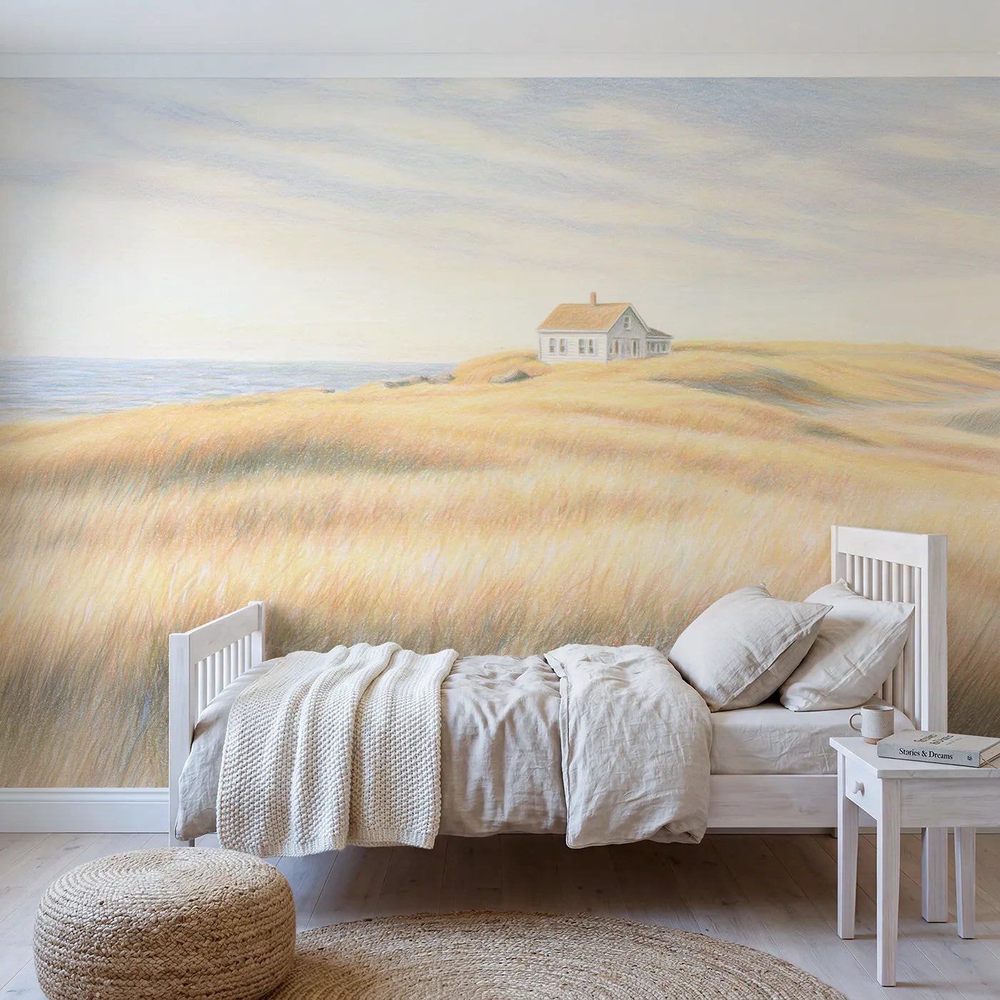 Colored-pencil wall mural of a cozy coastal cottage by Whimsy Tots