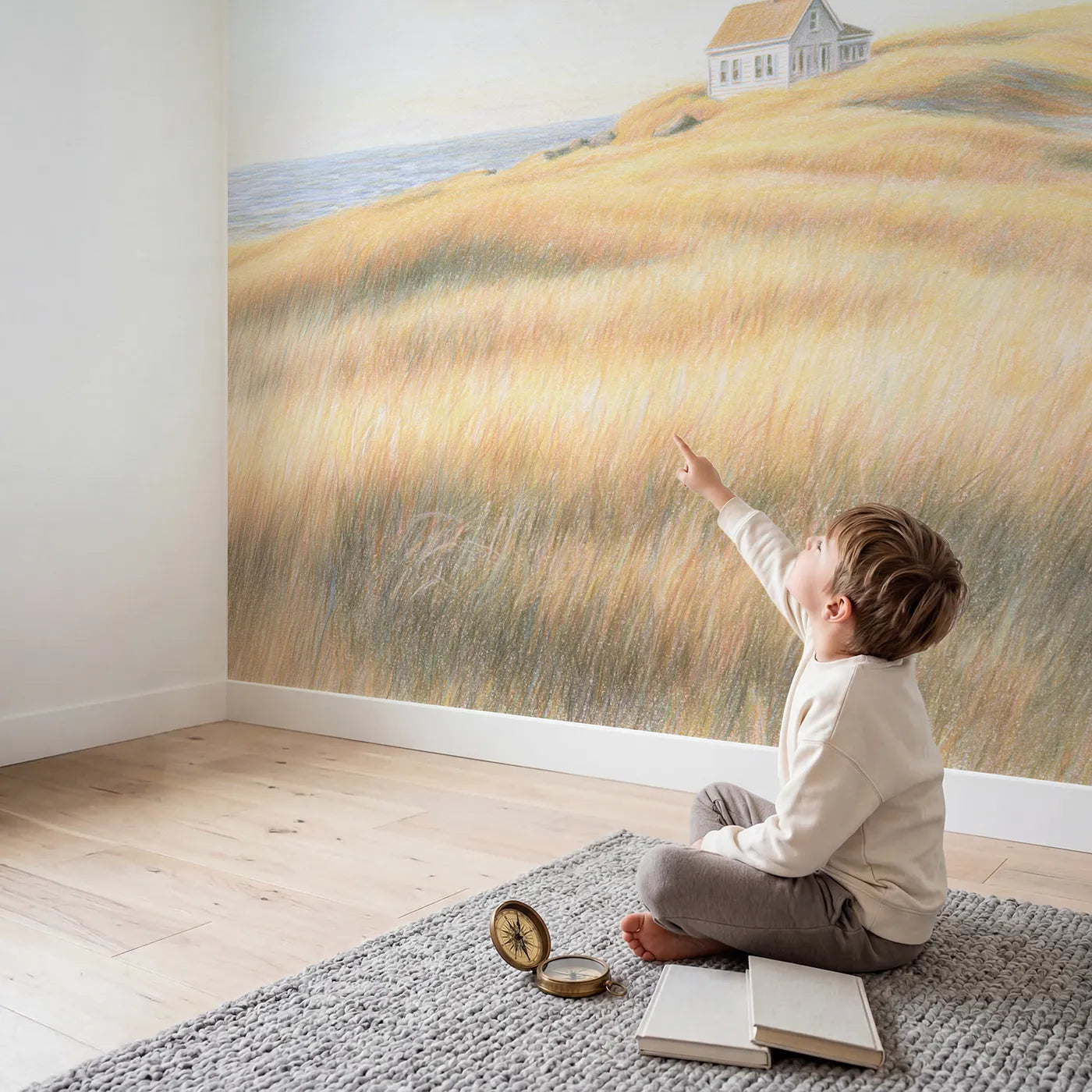 Child in nursery with Cozy Coastal Cottage Wallpaper Mural by Whimsy Tots