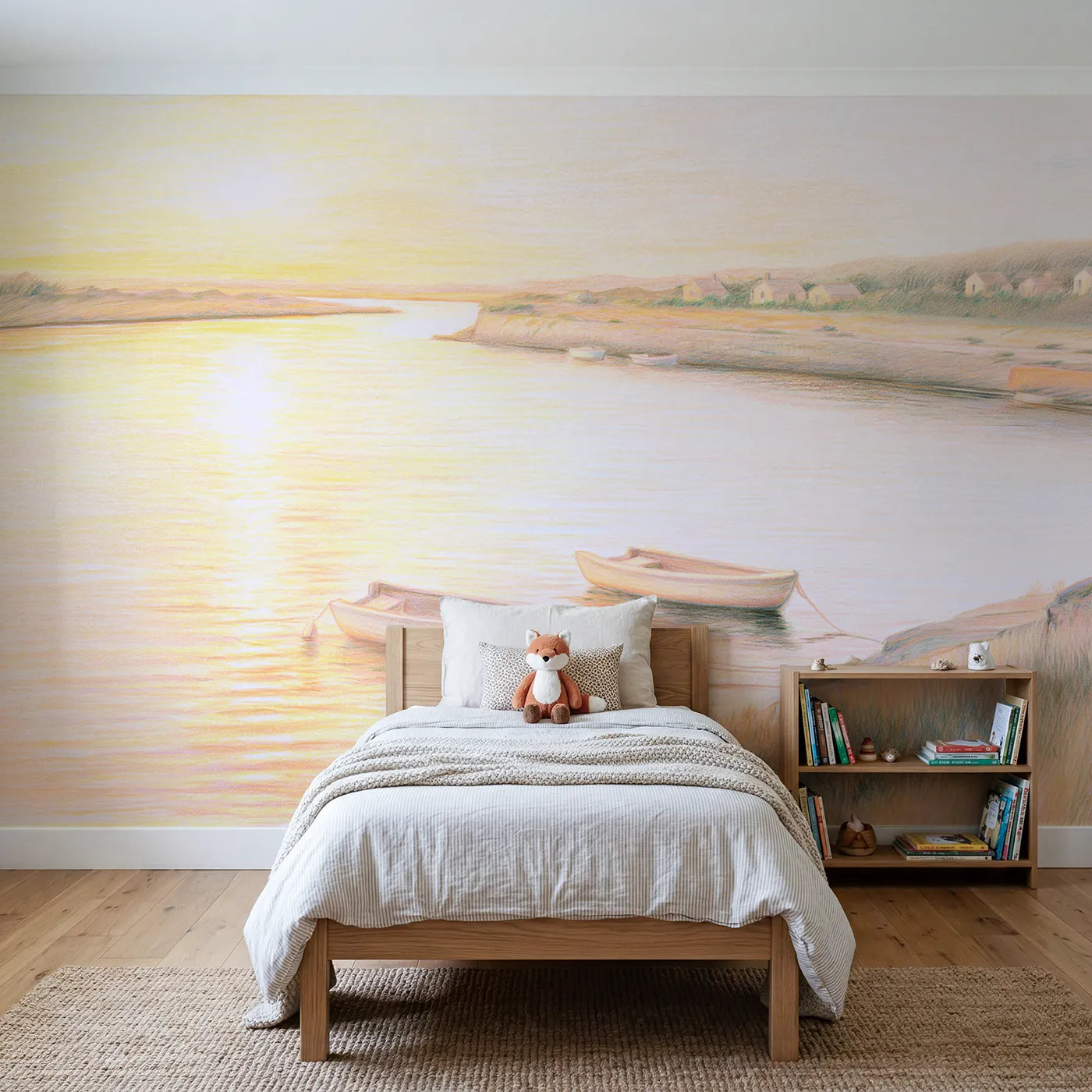 Colored-pencil wall mural of a quiet harbor morning by Whimsy Tots