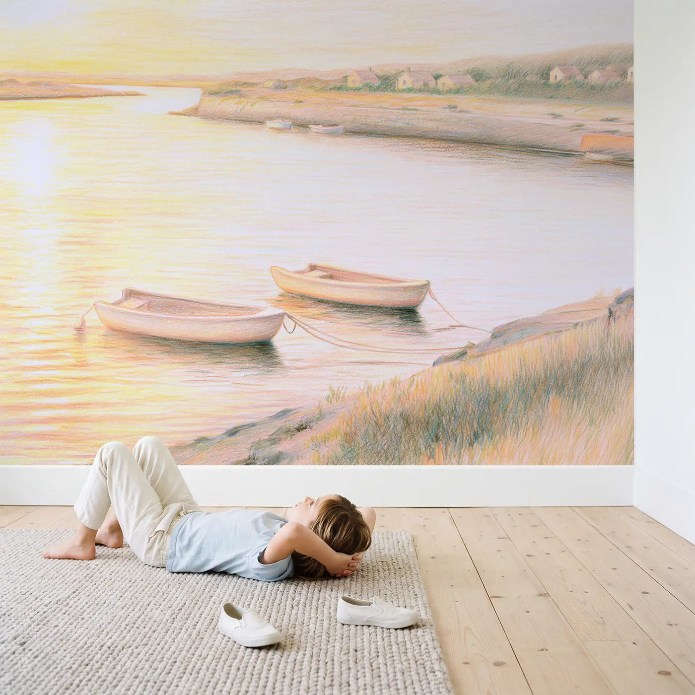 Child in nursery with Quiet Harbor Morning Wallpaper Mural by Whimsy Tots