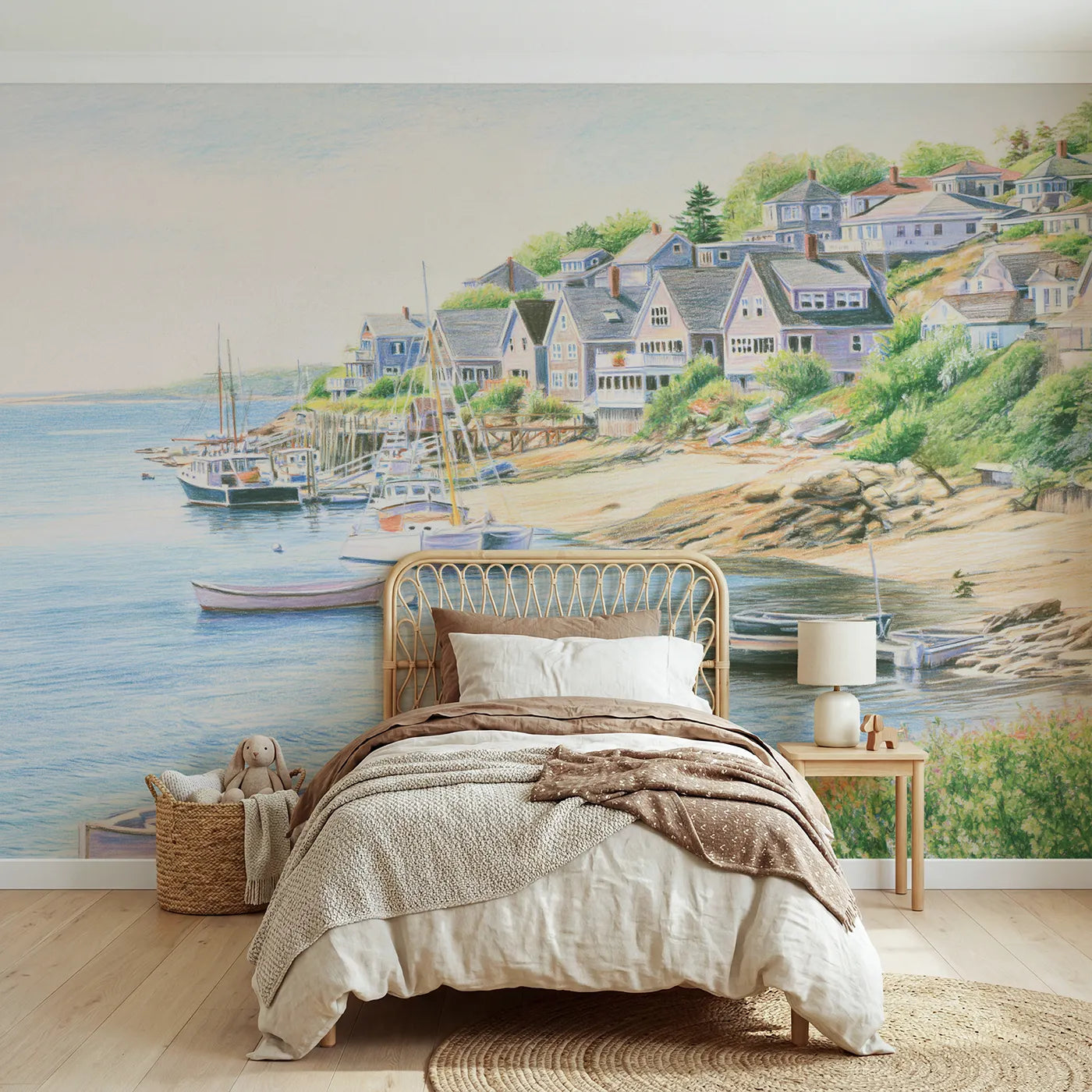 Colored-pencil wall mural of a soft coastal village by Whimsy Tots