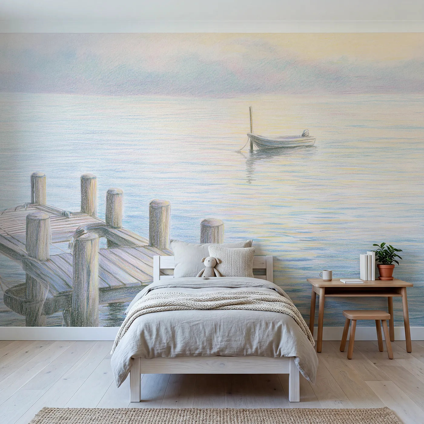 Colored-pencil wall mural of a quiet wooden pier by Whimsy Tots