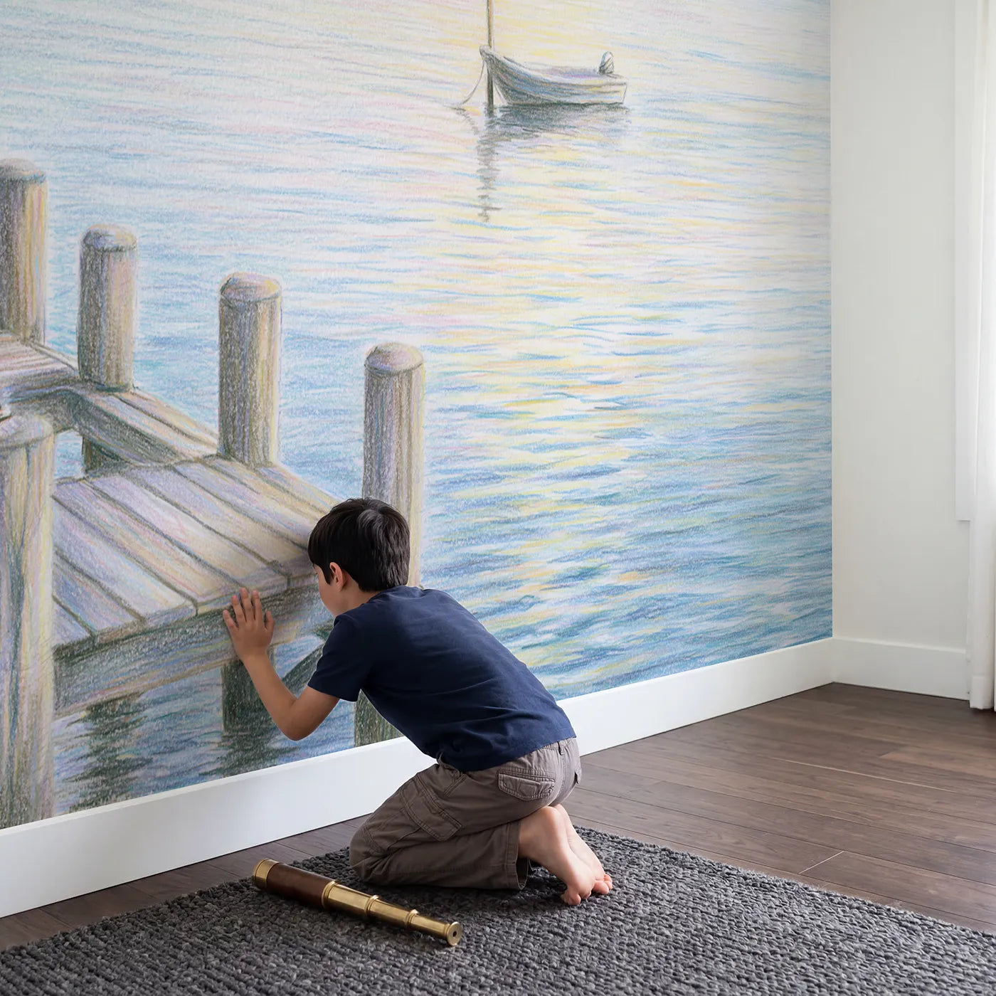 Child in nursery with Quiet Wooden Pier Wallpaper Mural by Whimsy Tots