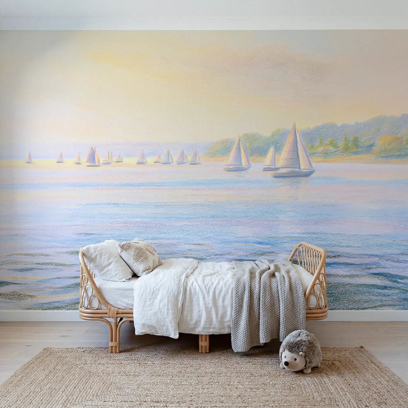 Colored-pencil wall mural of sailboats on a calm bay by Whimsy Tots